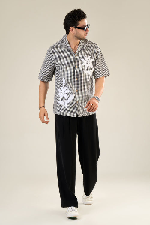 Black & White Cotton Half Sleeve Patch work Shirt | For Unisex