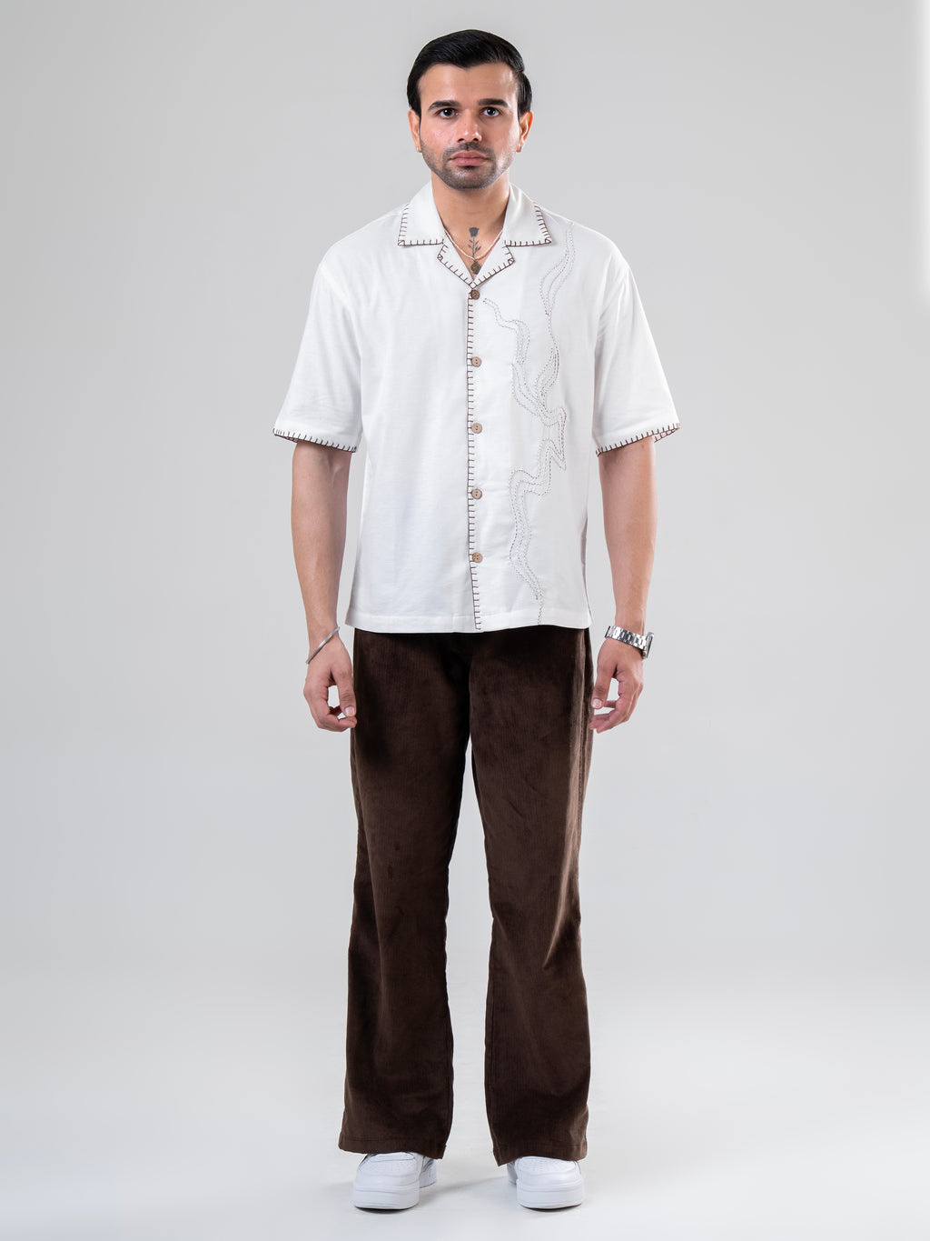 White Coffee Cotton Half Sleeve Collared Embroidered Shirt | For Unisex