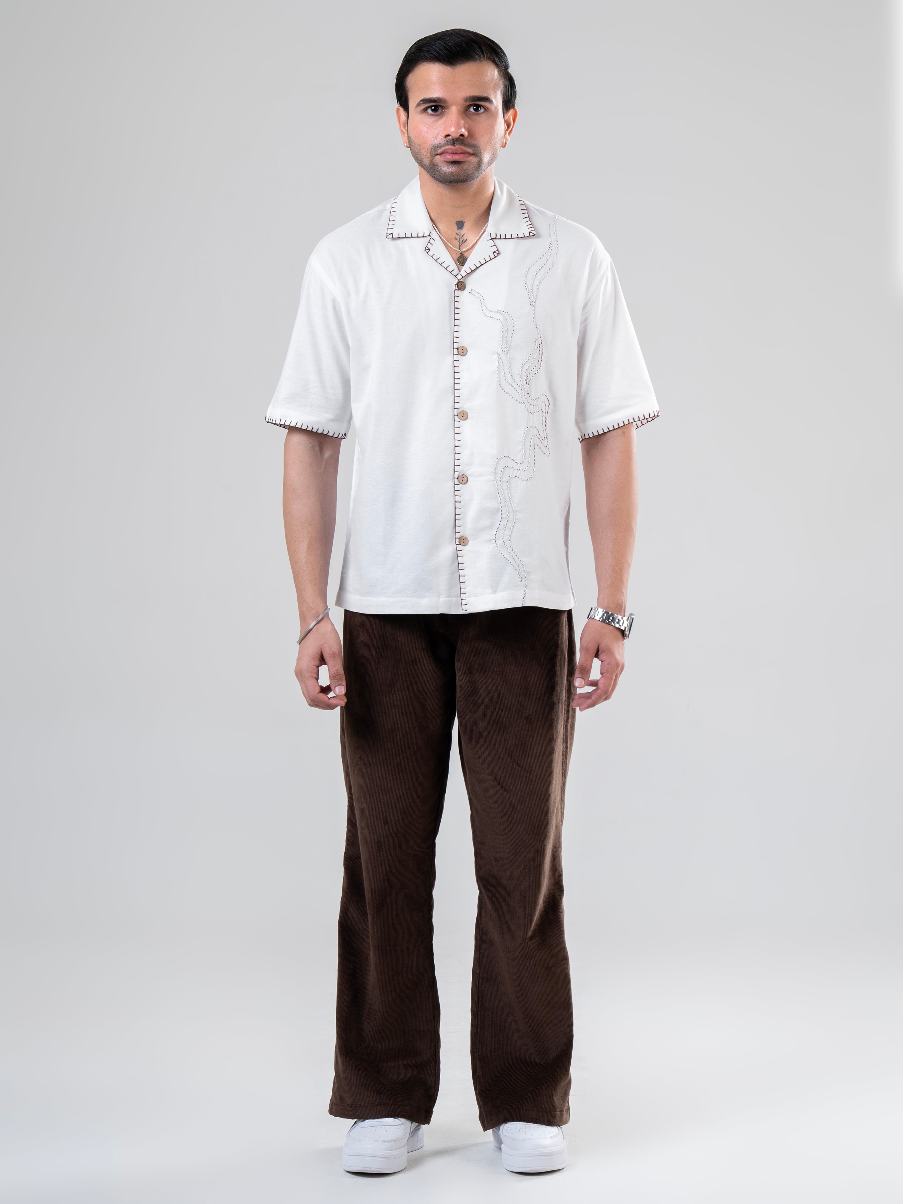 White Coffee Cotton Half Sleeve Collared Embroidered Shirt | For Unisex