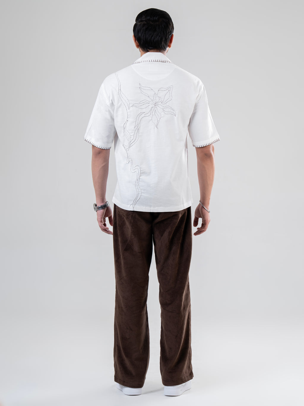 White Coffee Cotton Half Sleeve Collared Embroidered Shirt | For Unisex