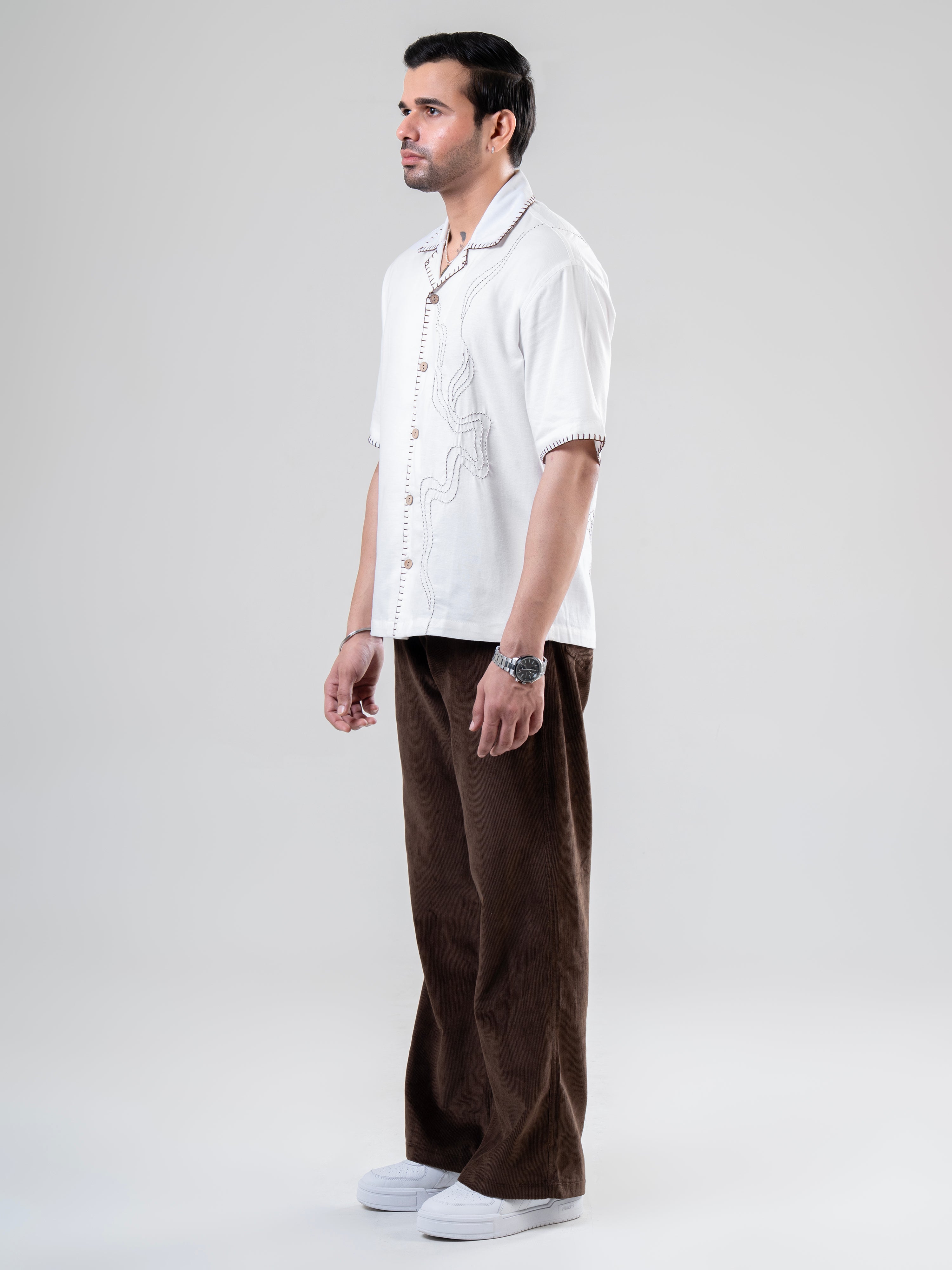 White Coffee Cotton Half Sleeve Collared Embroidered Shirt | For Unisex