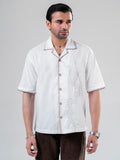White Coffee Cotton Half Sleeve Collared Embroidered Shirt | For Unisex