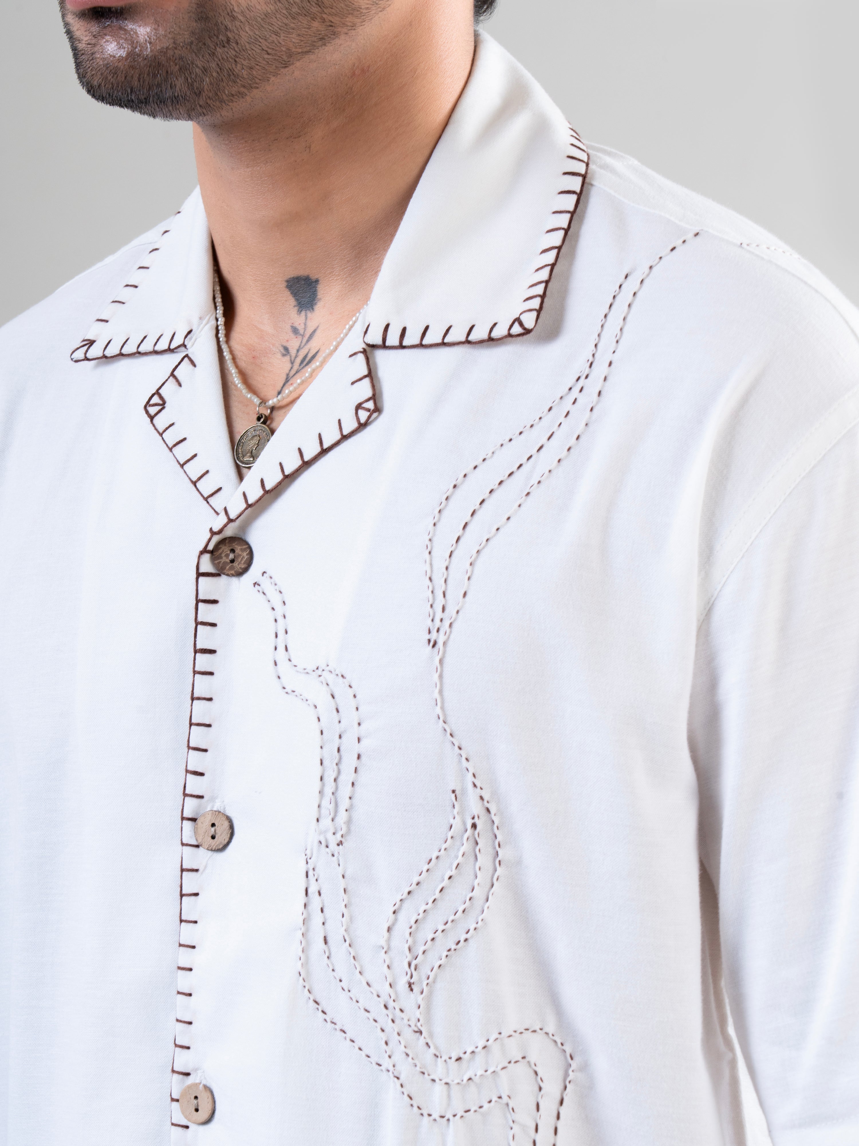 White Coffee Cotton Half Sleeve Collared Embroidered Shirt | For Unisex