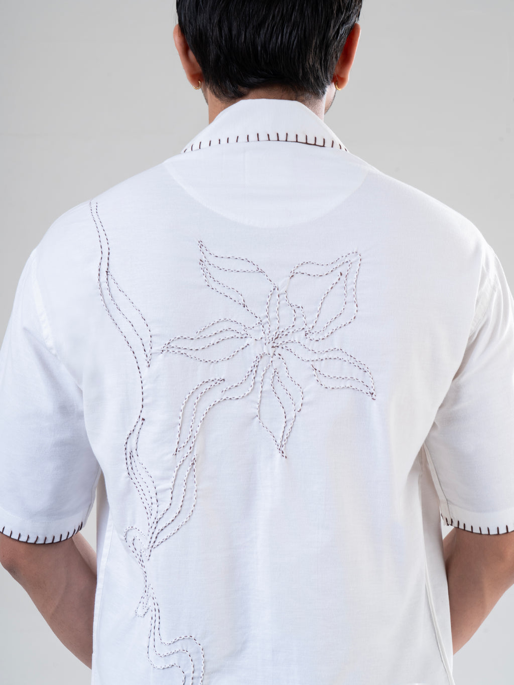 White Coffee Cotton Half Sleeve Collared Embroidered Shirt | For Unisex