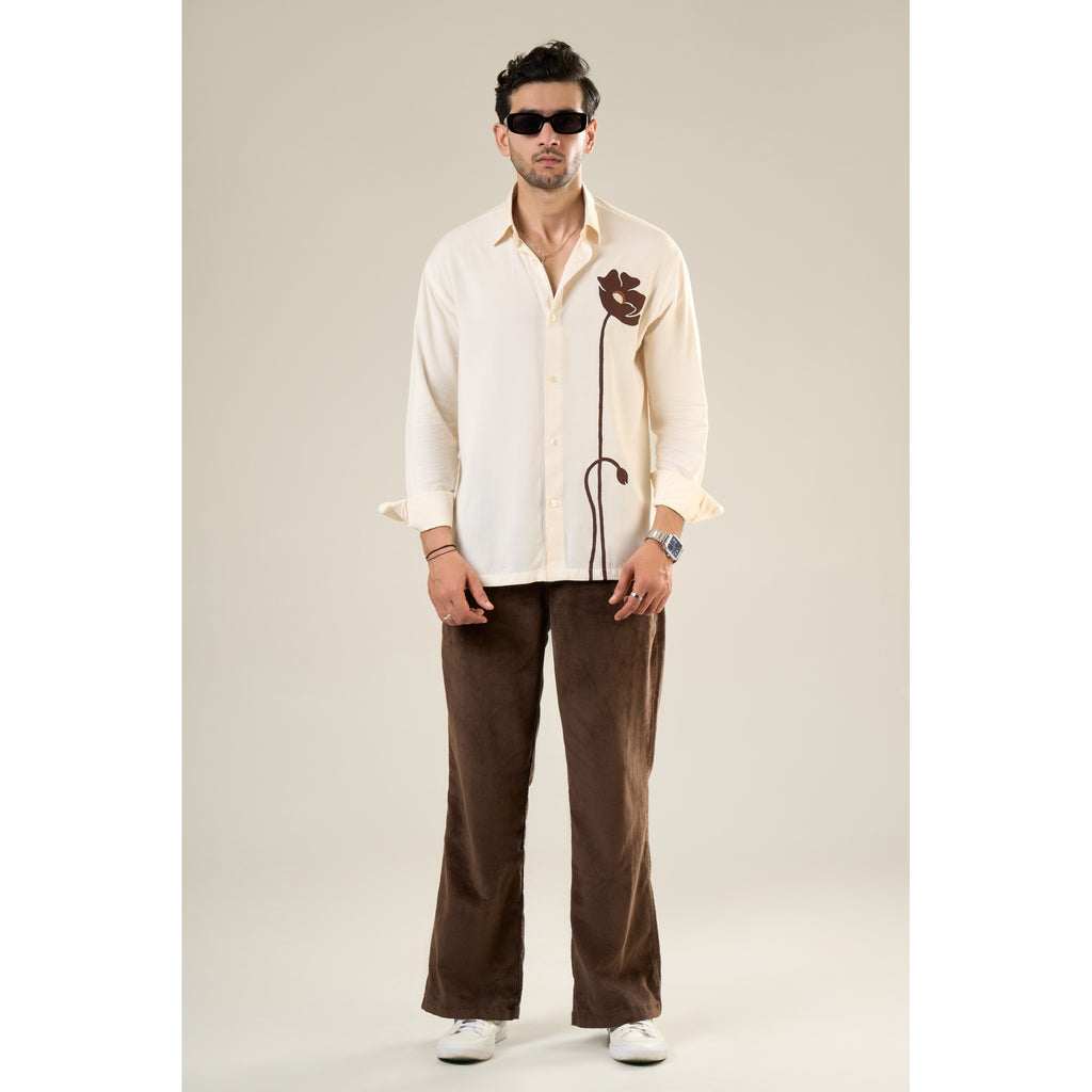 Beige & Brown Rayon Full Sleeve Floral Embroidered Shirt | For Unisex