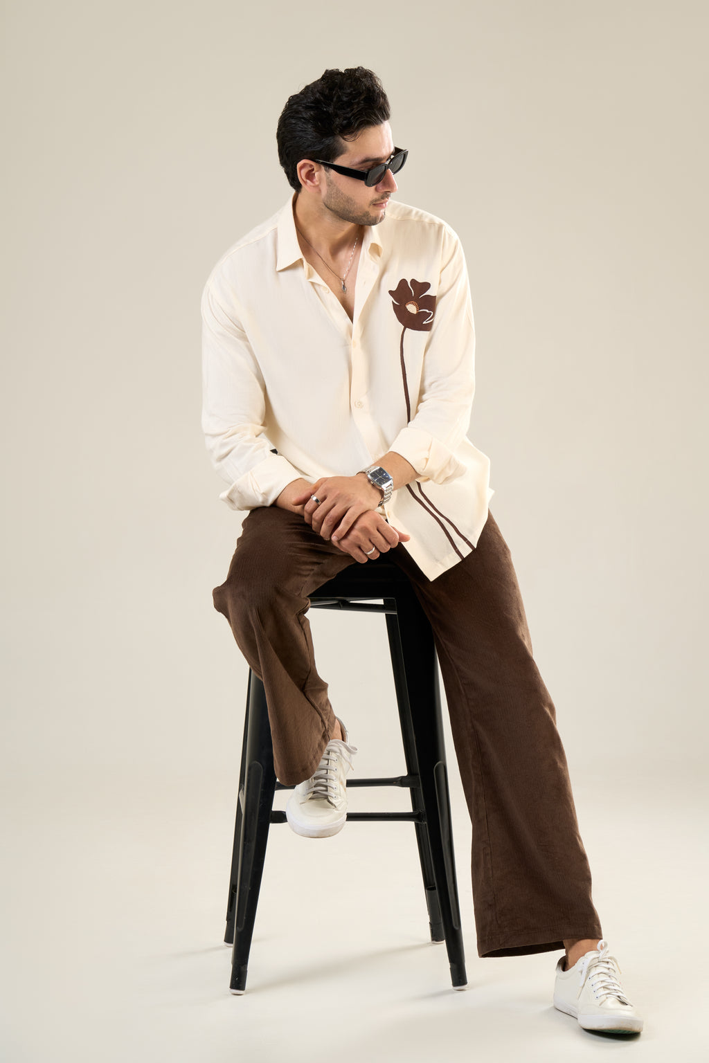 Beige & Brown Rayon Full Sleeve Floral Embroidered Shirt | For Unisex