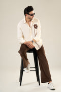 Beige & Brown Rayon Full Sleeve Floral Embroidered Shirt | For Unisex