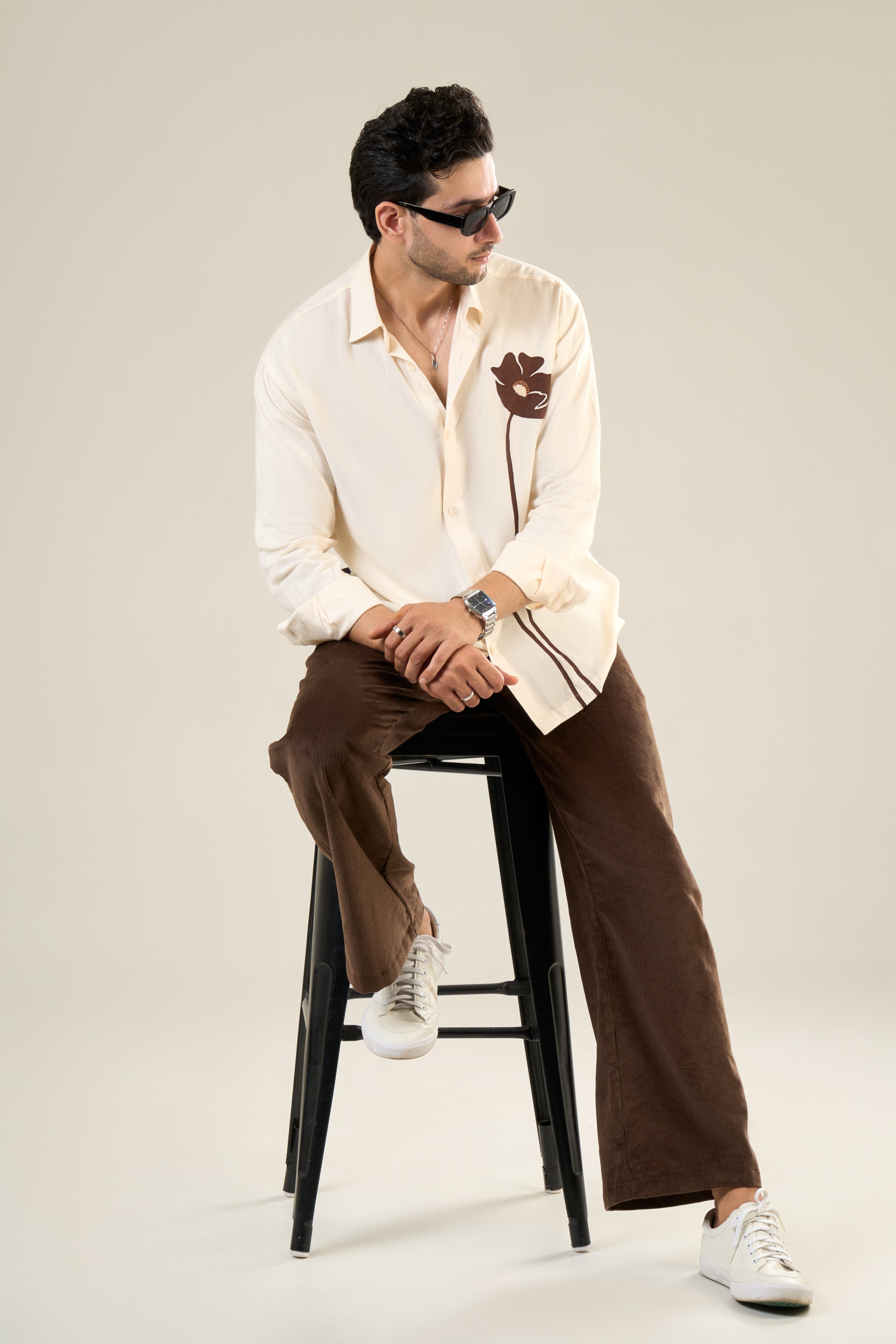 Beige & Brown Rayon Full Sleeve Floral Embroidered Shirt | For Unisex