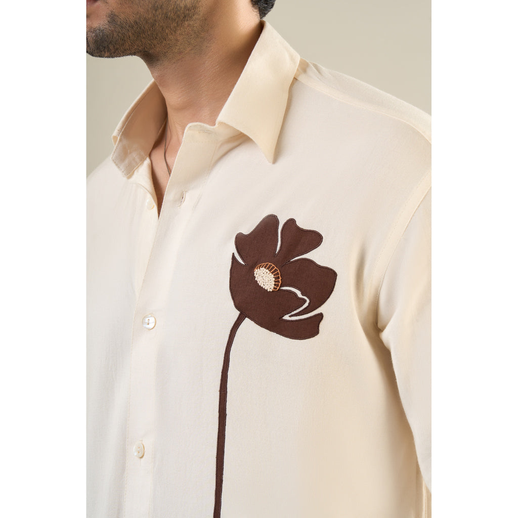 Beige & Brown Rayon Full Sleeve Floral Embroidered Shirt | For Unisex
