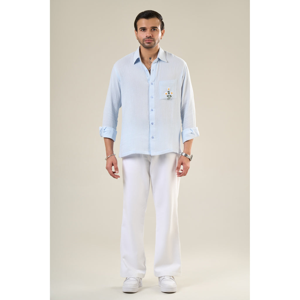 Aqua Cotton Full Sleeve Floral Embroidered Shirt | For Unisex