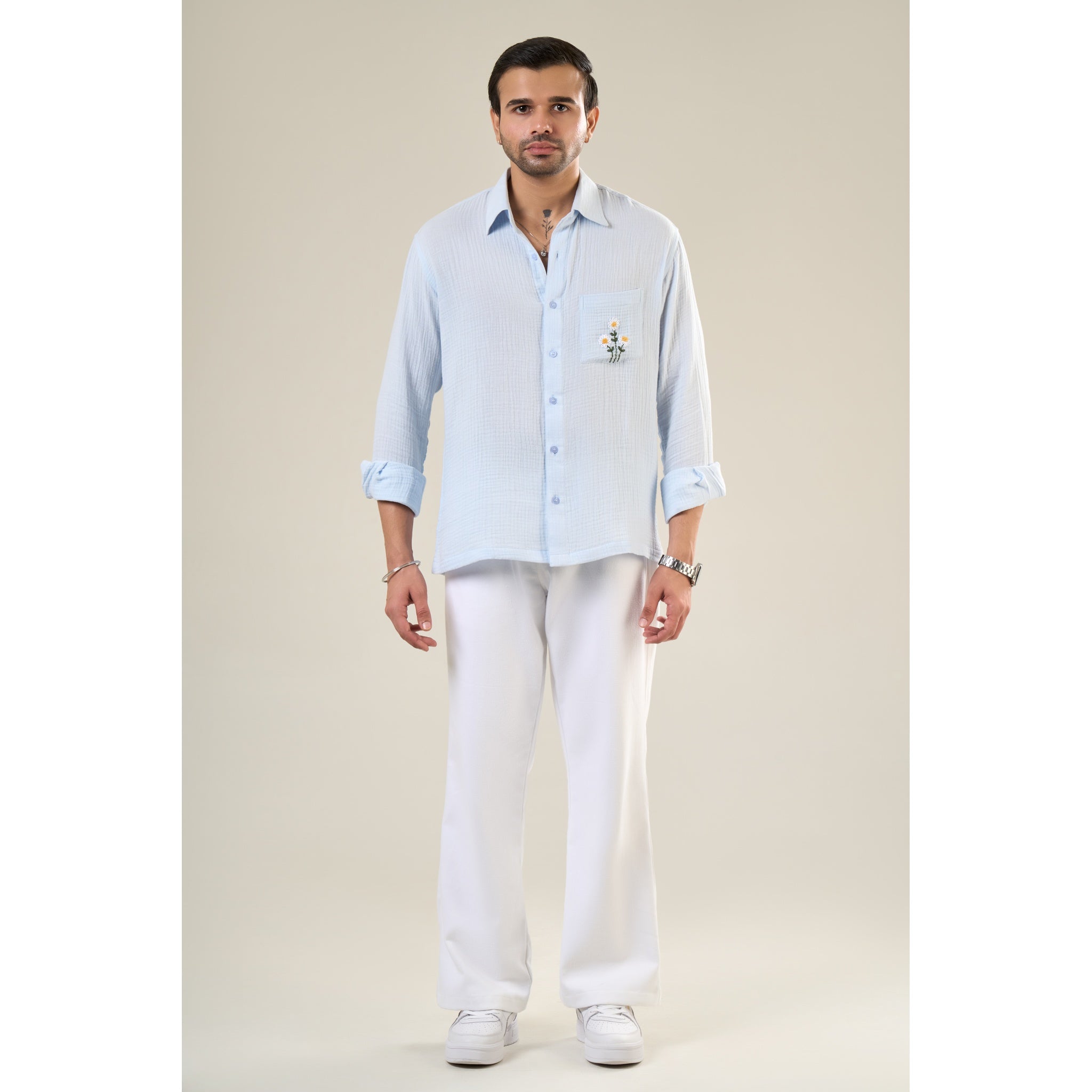 Aqua Cotton Full Sleeve Floral Embroidered Shirt | For Unisex