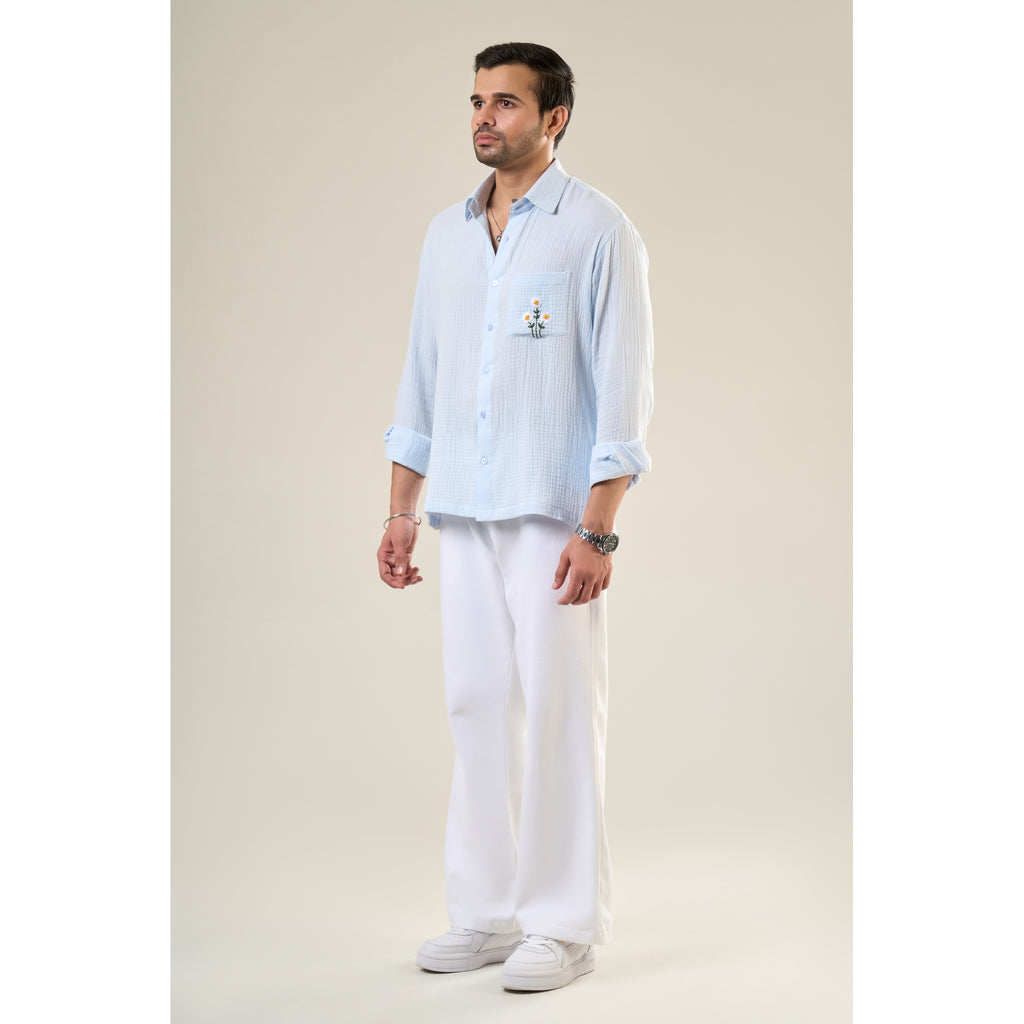Aqua Cotton Full Sleeve Floral Embroidered Shirt | For Unisex