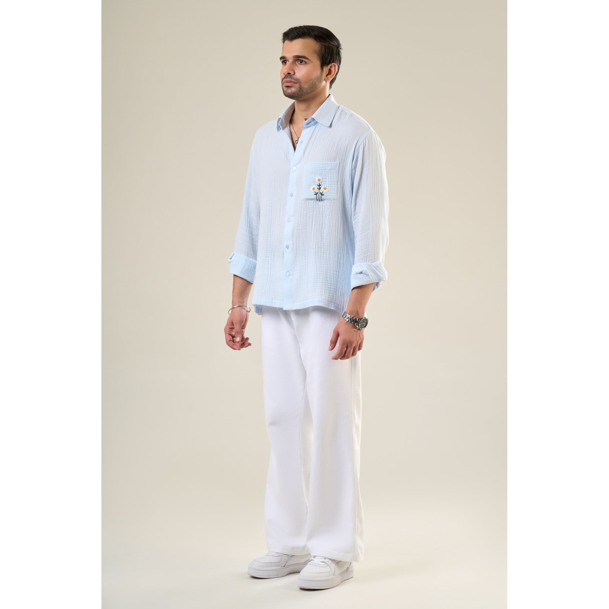 Aqua Cotton Full Sleeve Floral Embroidered Shirt | For Unisex