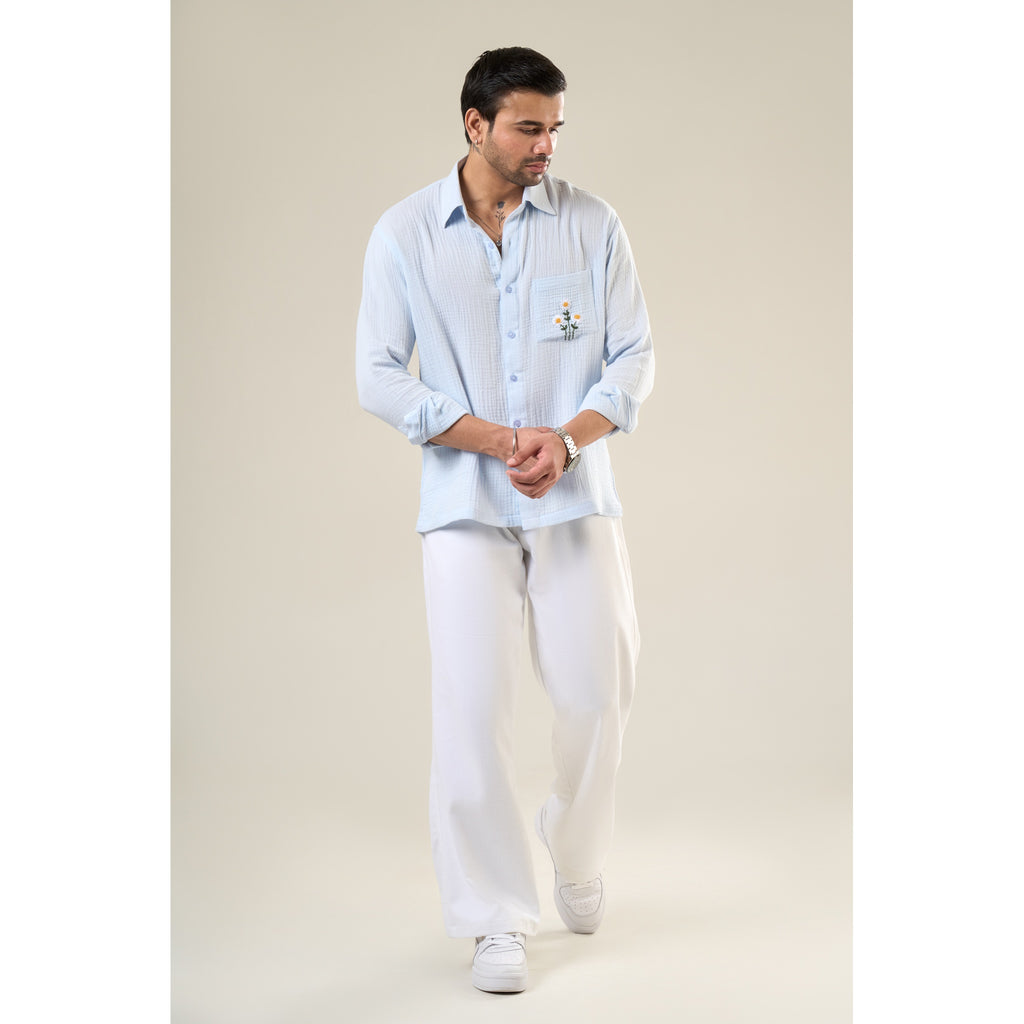 Aqua Cotton Full Sleeve Floral Embroidered Shirt | For Unisex