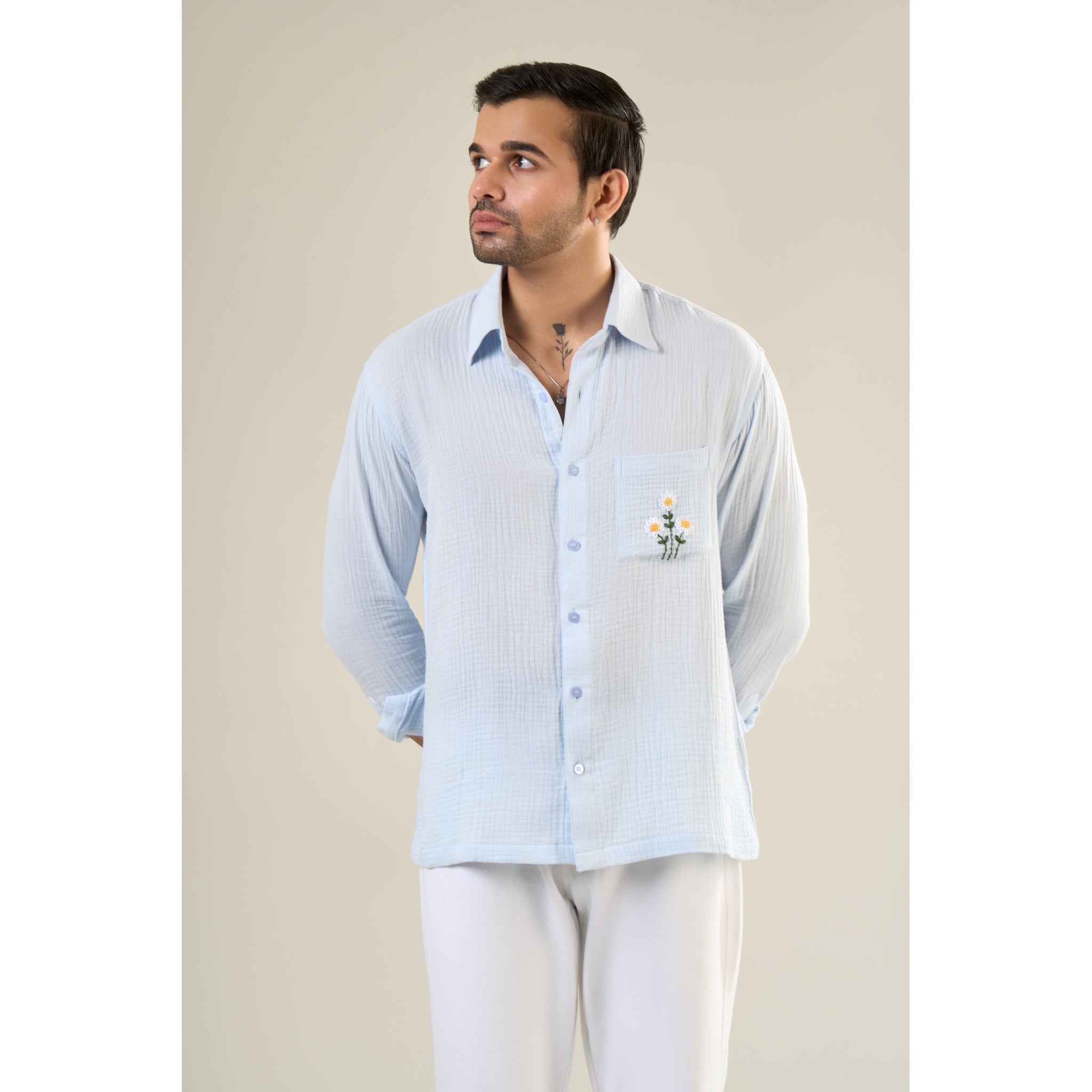 Aqua Cotton Full Sleeve Floral Embroidered Shirt | For Unisex