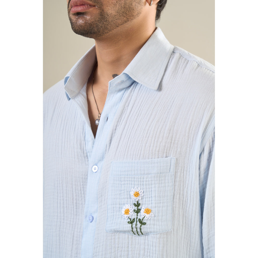 Aqua Cotton Full Sleeve Floral Embroidered Shirt | For Unisex