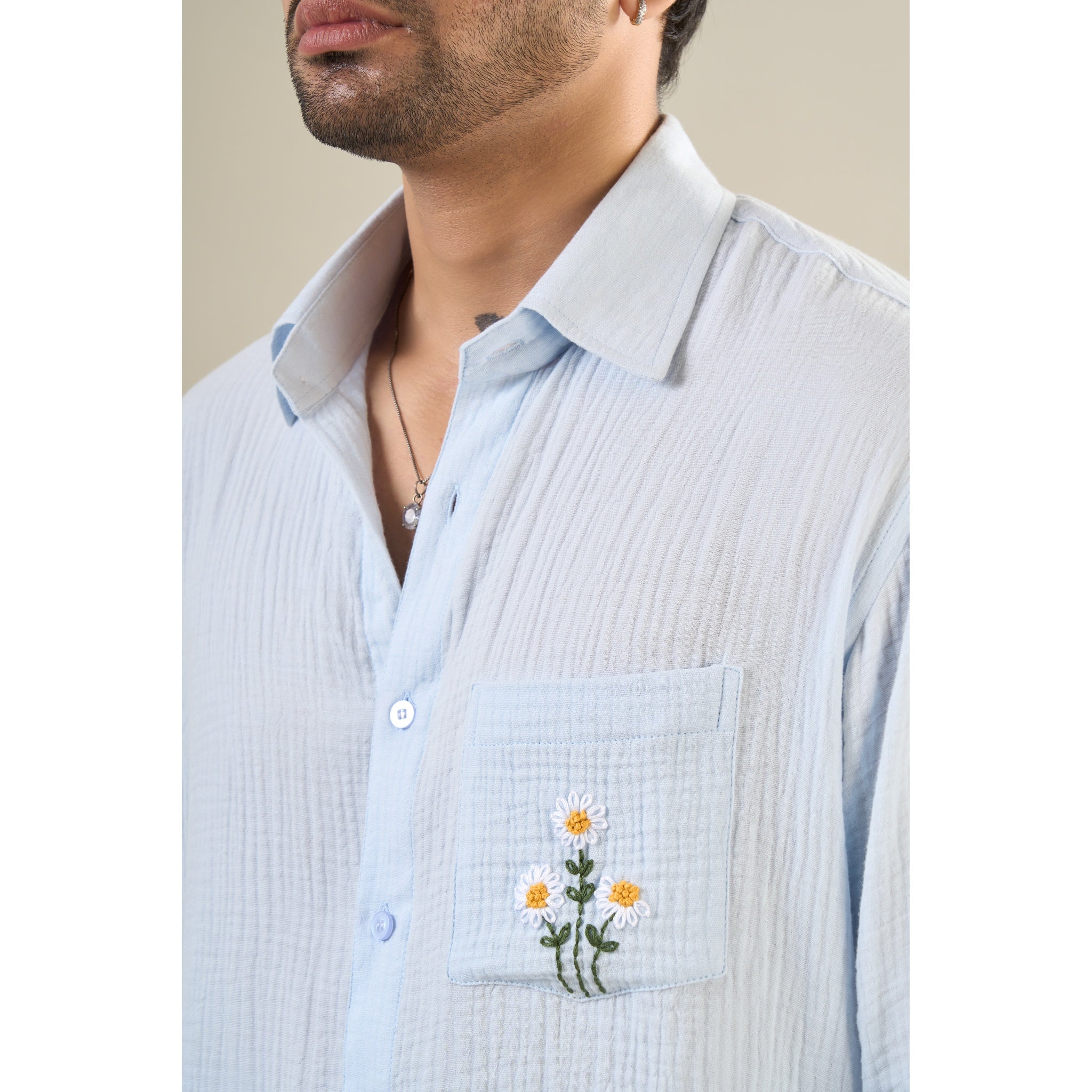 Aqua Cotton Full Sleeve Floral Embroidered Shirt | For Unisex