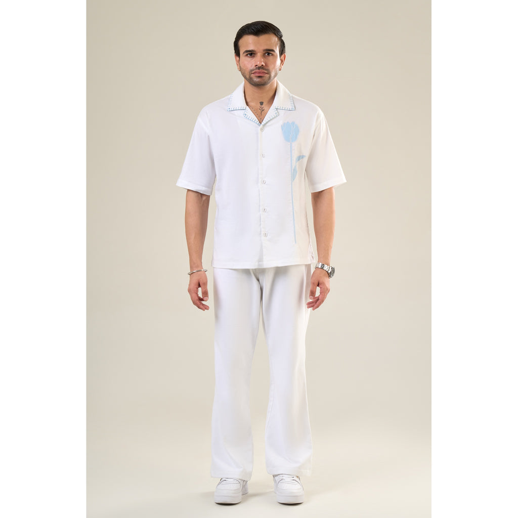 White & Aqua Cotton Half Sleeve Floral Embroidered Shirt | For Unisex