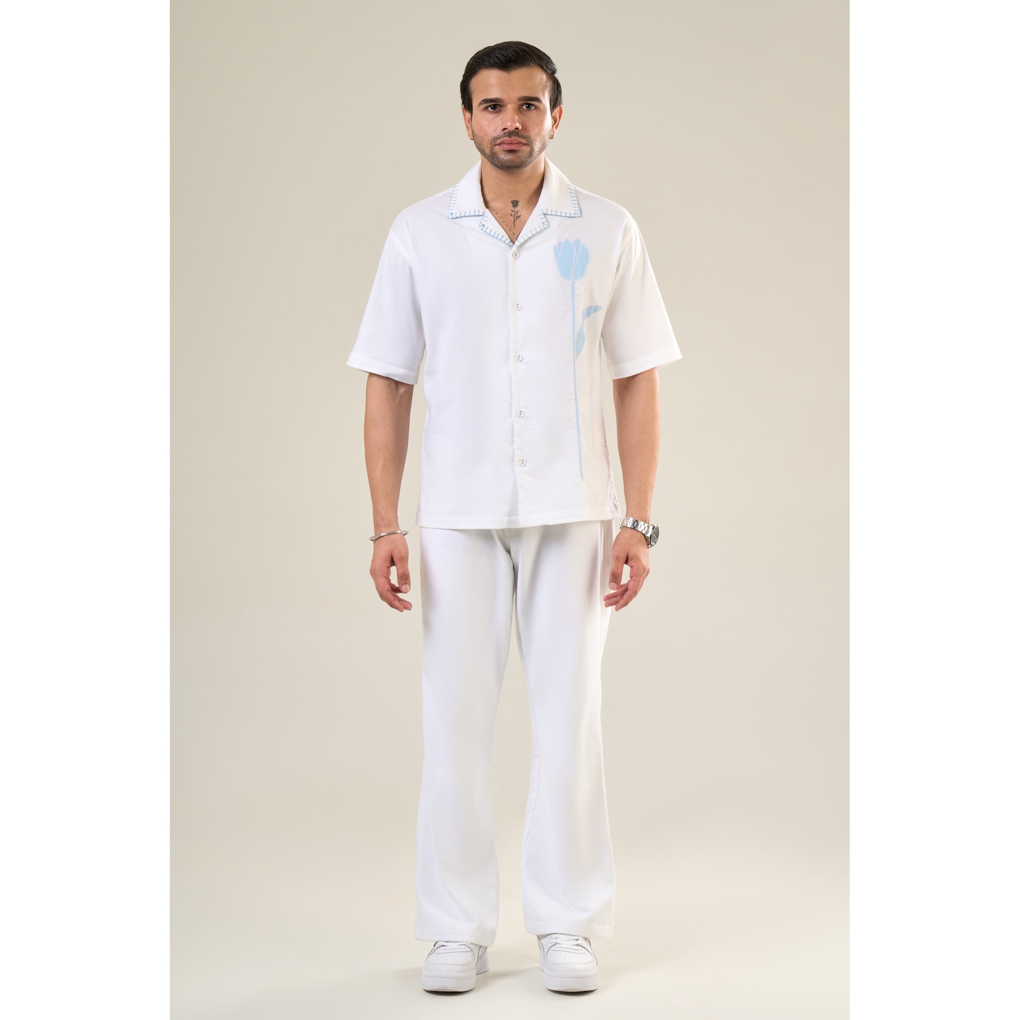 White & Aqua Cotton Half Sleeve Floral Embroidered Shirt | For Unisex