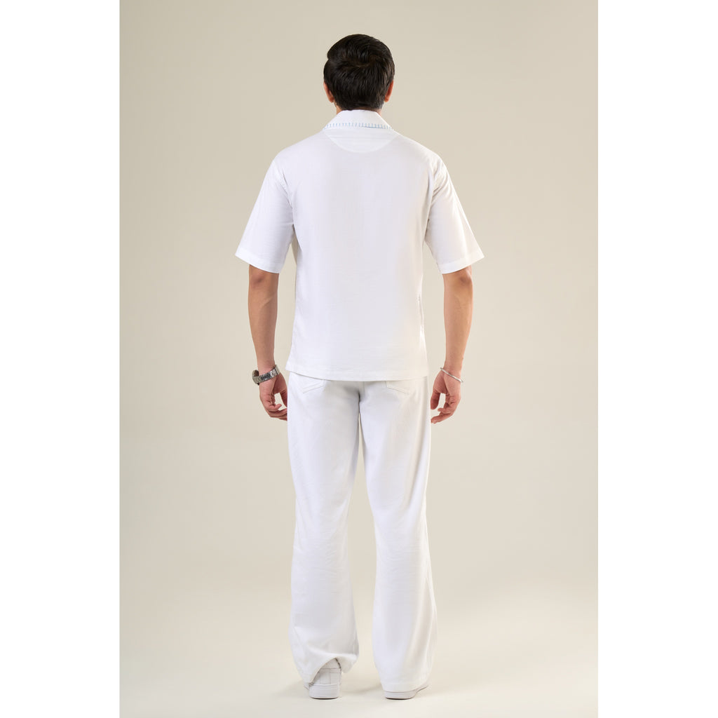 White & Aqua Cotton Half Sleeve Floral Embroidered Shirt | For Unisex