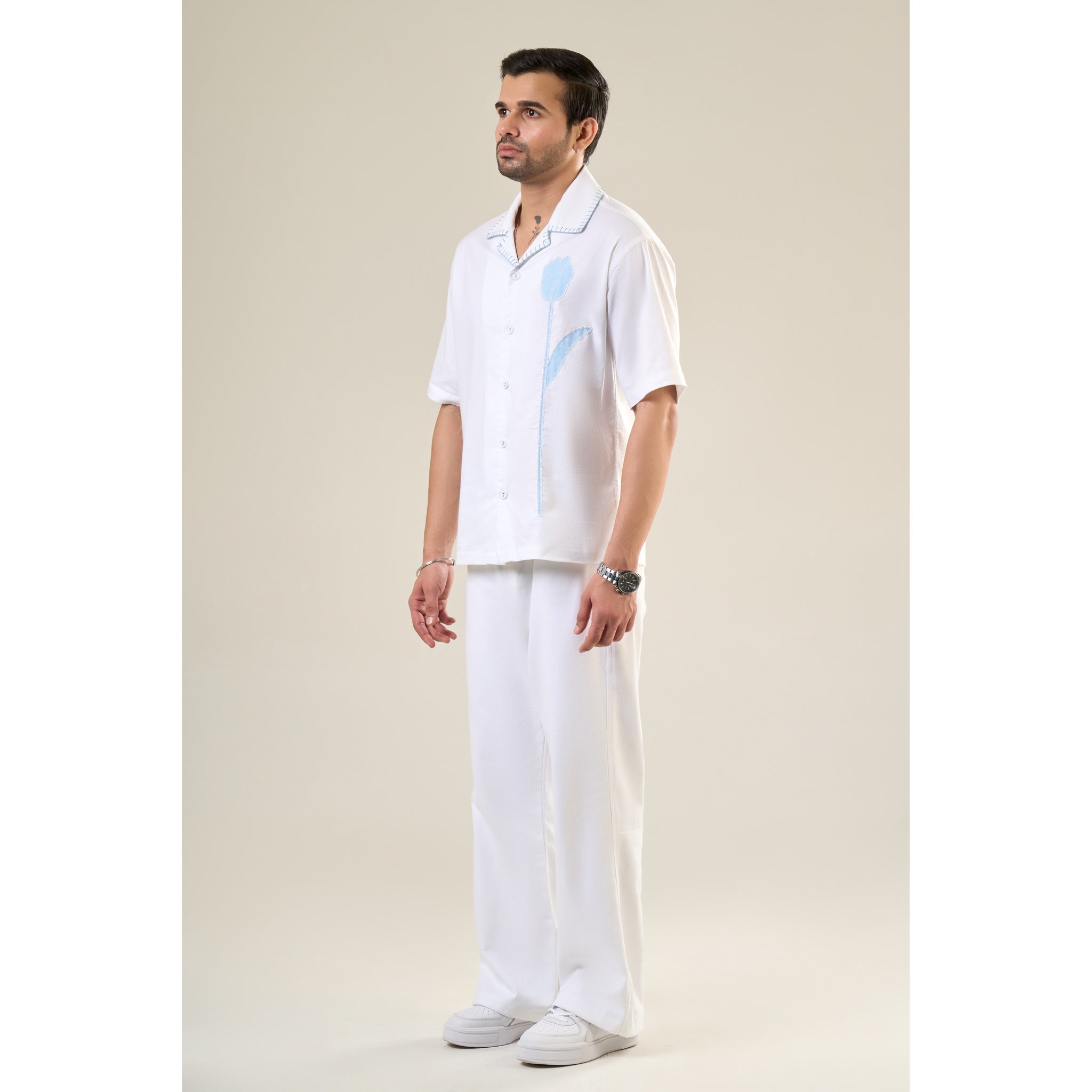 White & Aqua Cotton Half Sleeve Floral Embroidered Shirt | For Unisex