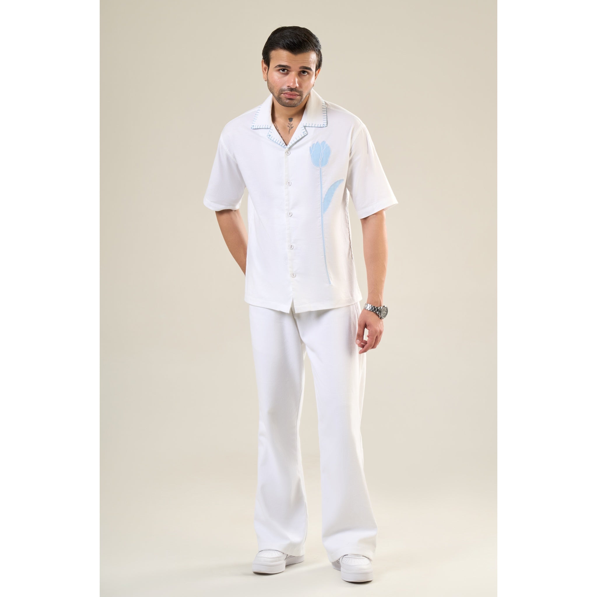 White & Aqua Cotton Half Sleeve Floral Embroidered Shirt | For Unisex