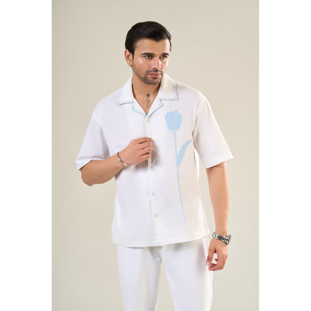 White & Aqua Cotton Half Sleeve Floral Embroidered Shirt | For Unisex