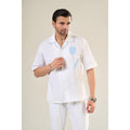 White & Aqua Cotton Half Sleeve Floral Embroidered Shirt | For Unisex