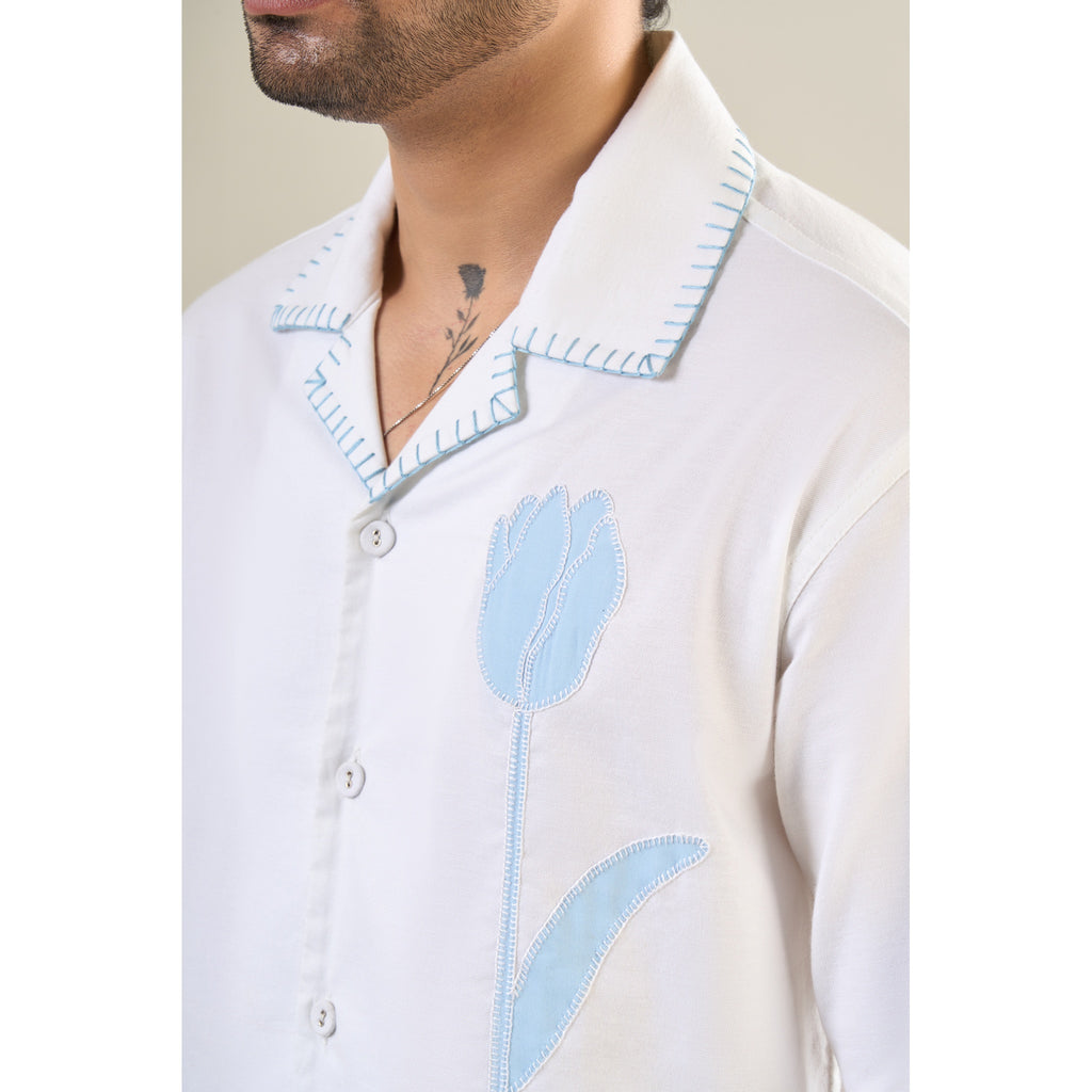 White & Aqua Cotton Half Sleeve Floral Embroidered Shirt | For Unisex