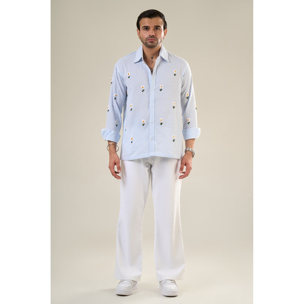 White & Aqua Cotton Full Sleeve Floral Embroidered Shirt | For Unisex