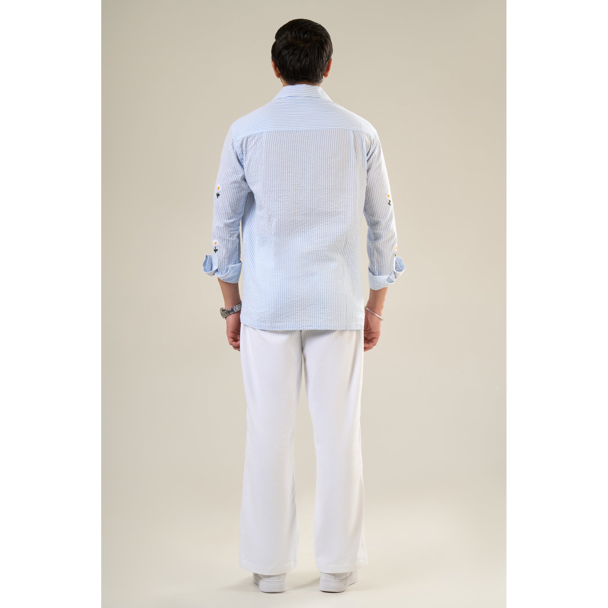 White & Aqua Cotton Full Sleeve Floral Embroidered Shirt | For Unisex