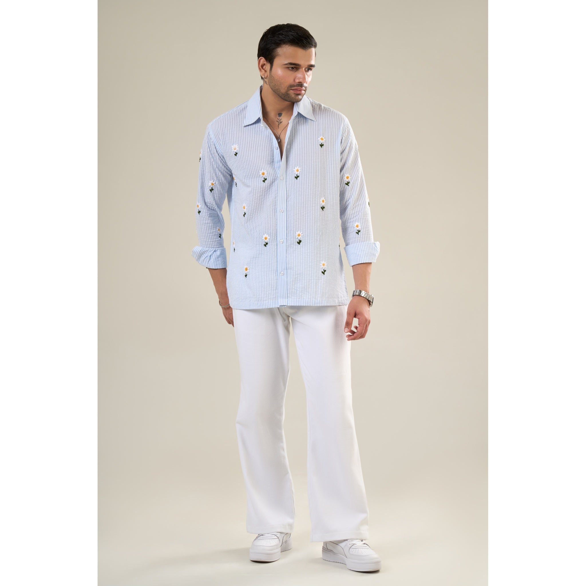White & Aqua Cotton Full Sleeve Floral Embroidered Shirt | For Unisex