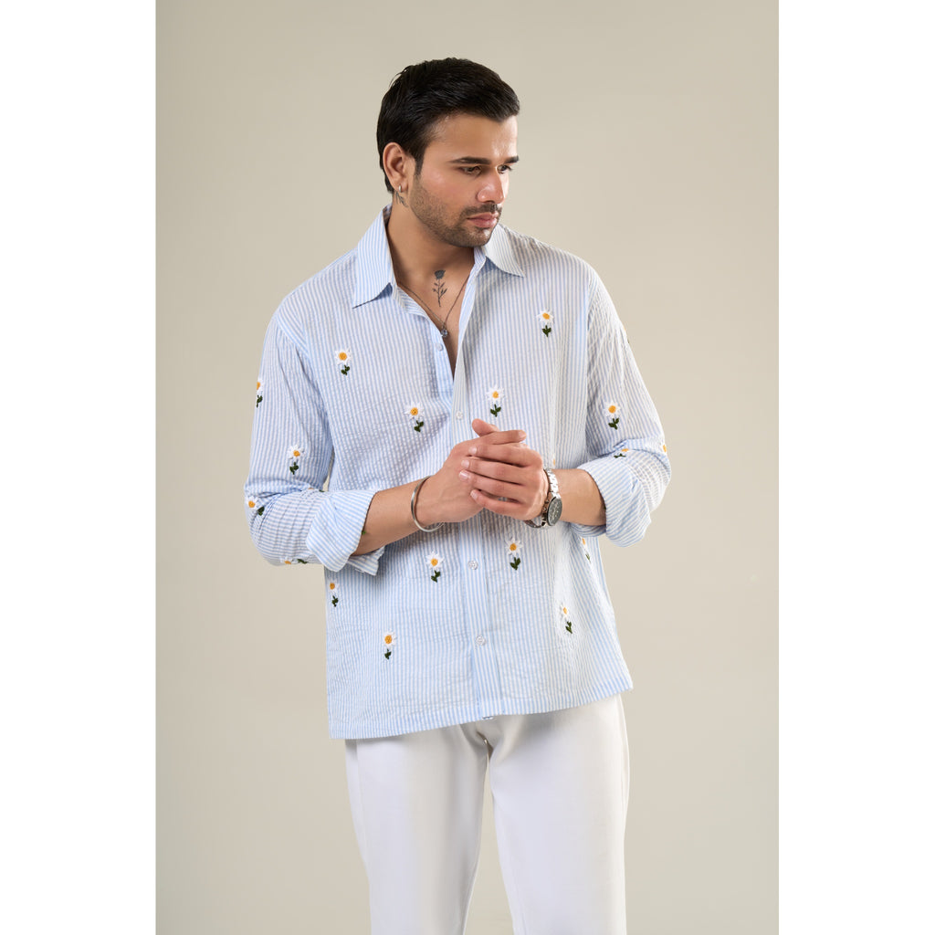 White & Aqua Cotton Full Sleeve Floral Embroidered Shirt | For Unisex