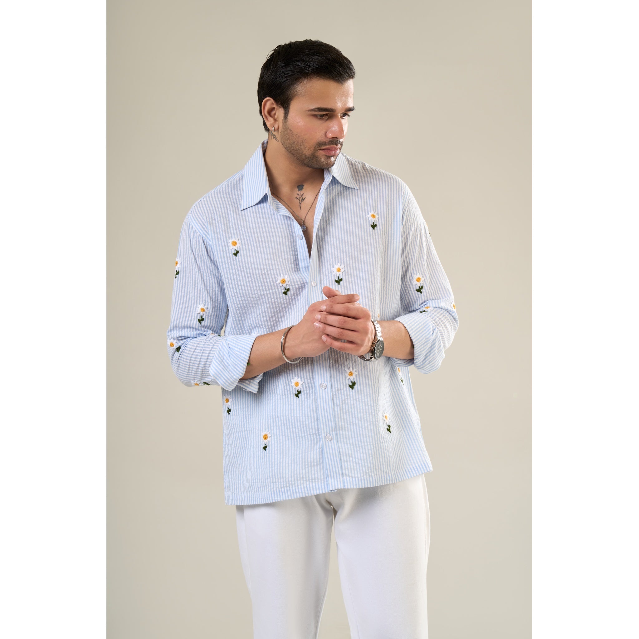 White & Aqua Cotton Full Sleeve Floral Embroidered Shirt | For Unisex