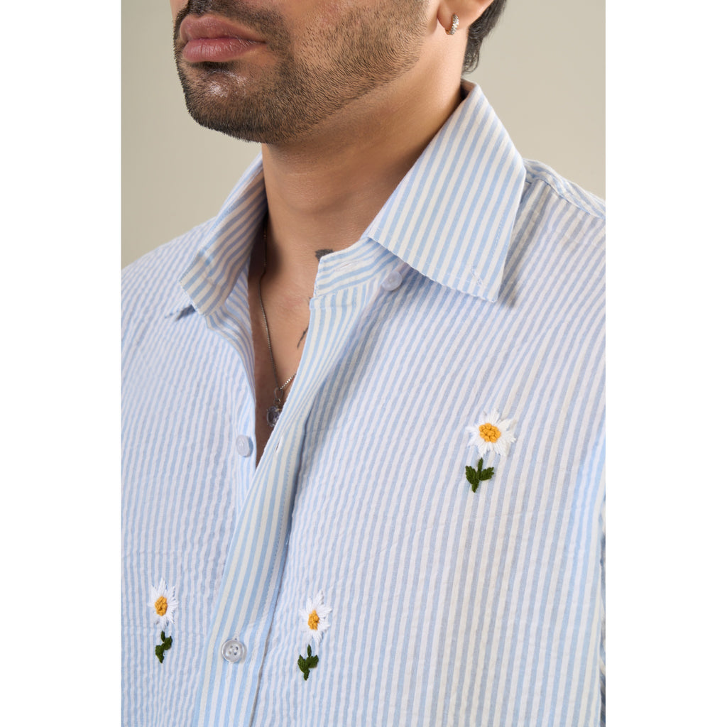 White & Aqua Cotton Full Sleeve Floral Embroidered Shirt | For Unisex