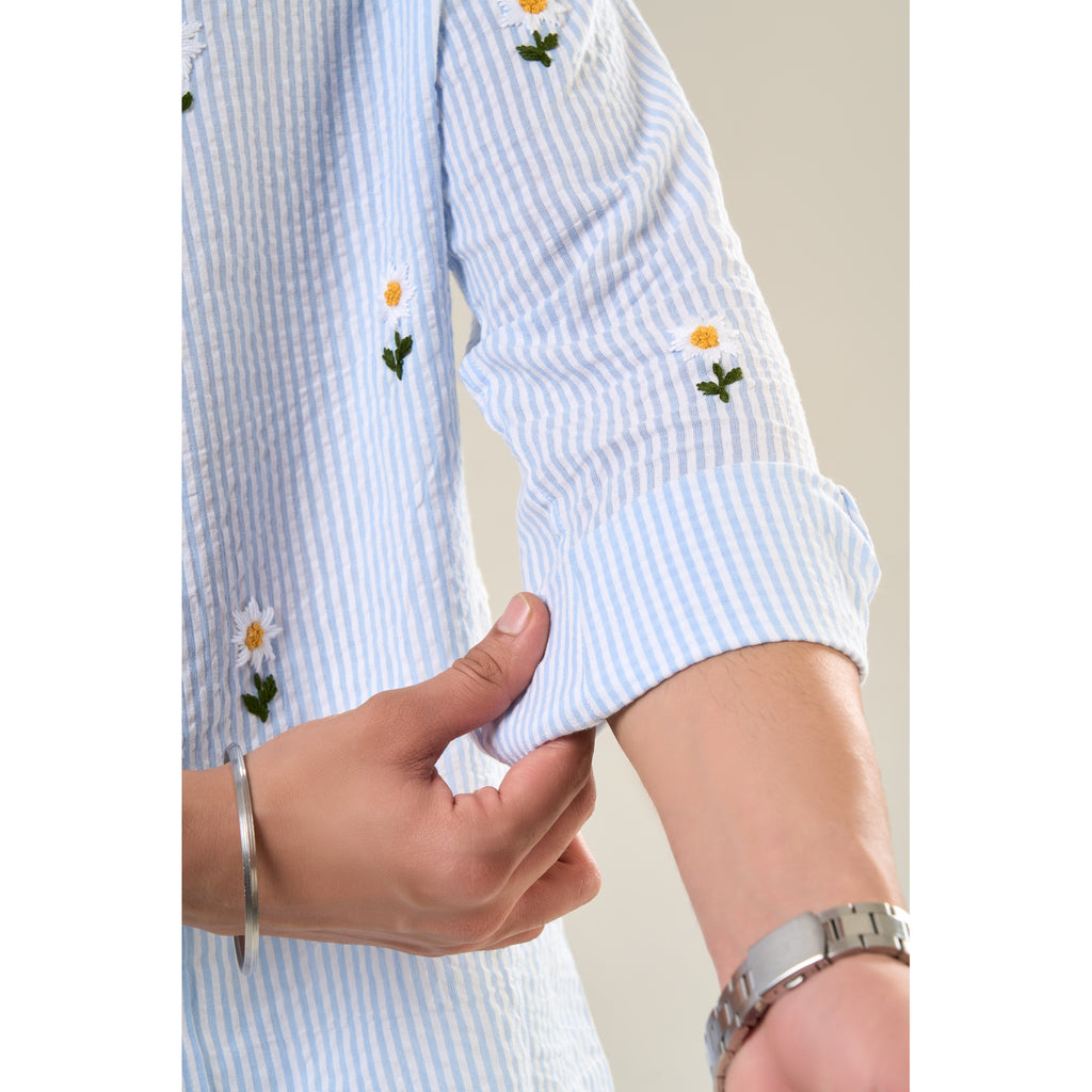 White & Aqua Cotton Full Sleeve Floral Embroidered Shirt | For Unisex