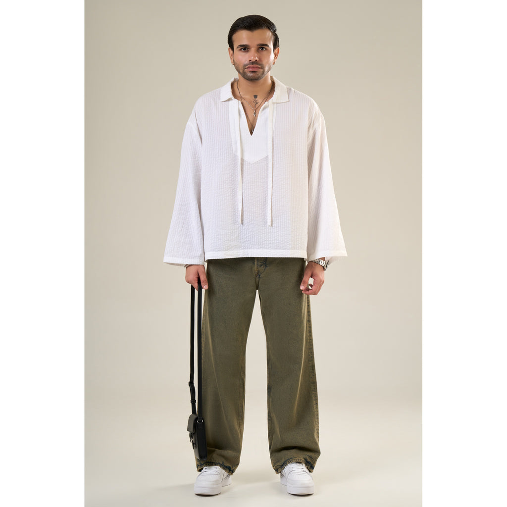 White Cotton Full Sleeve Solid Kimono Style Shirt | For Unisex