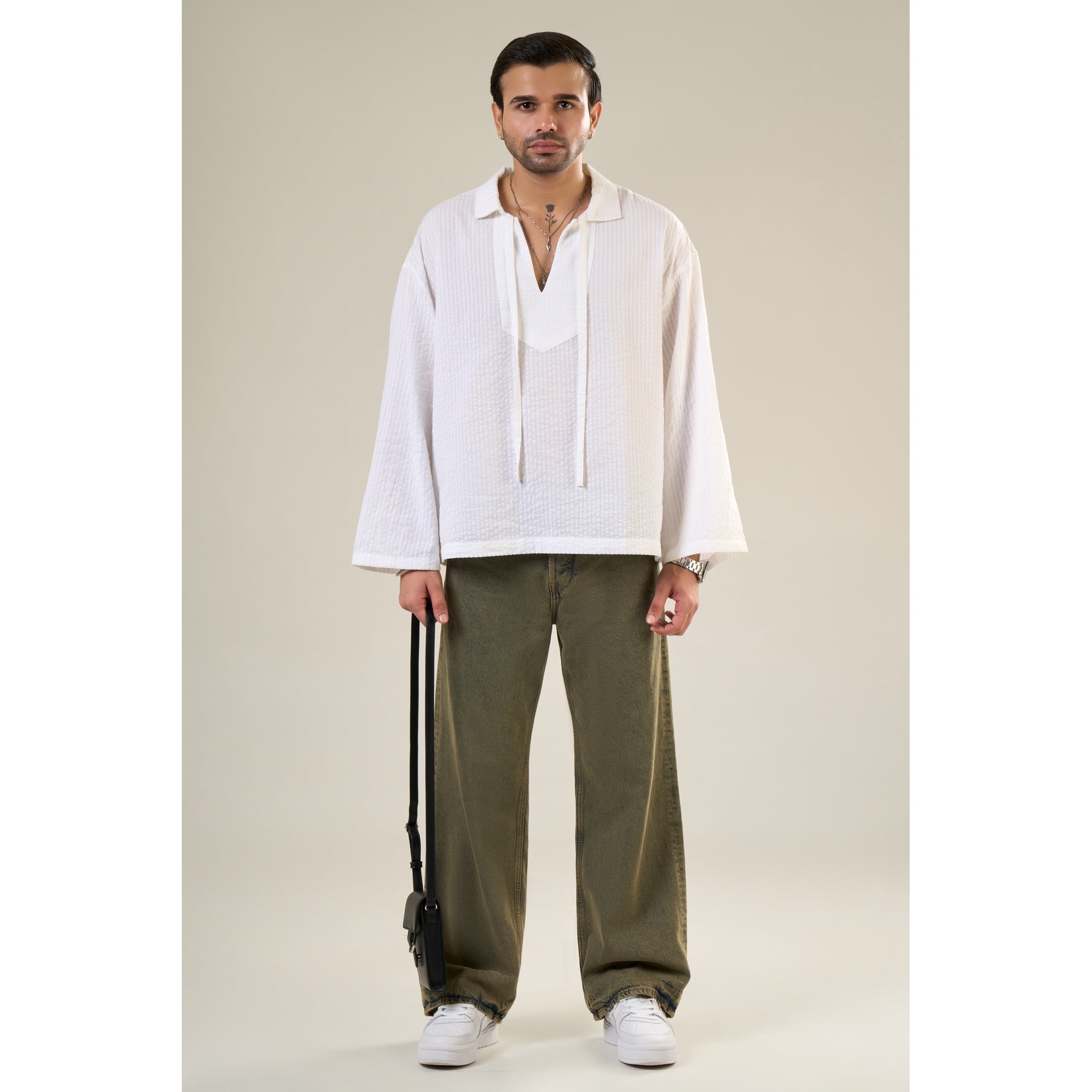 White Cotton Full Sleeve Solid Kimono Style Shirt | For Unisex