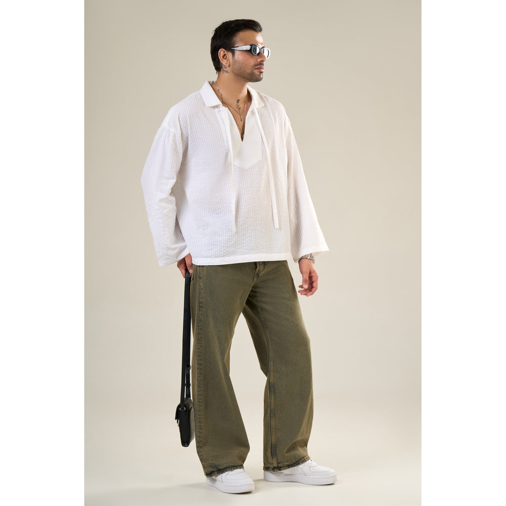 White Cotton Full Sleeve Solid Kimono Style Shirt | For Unisex
