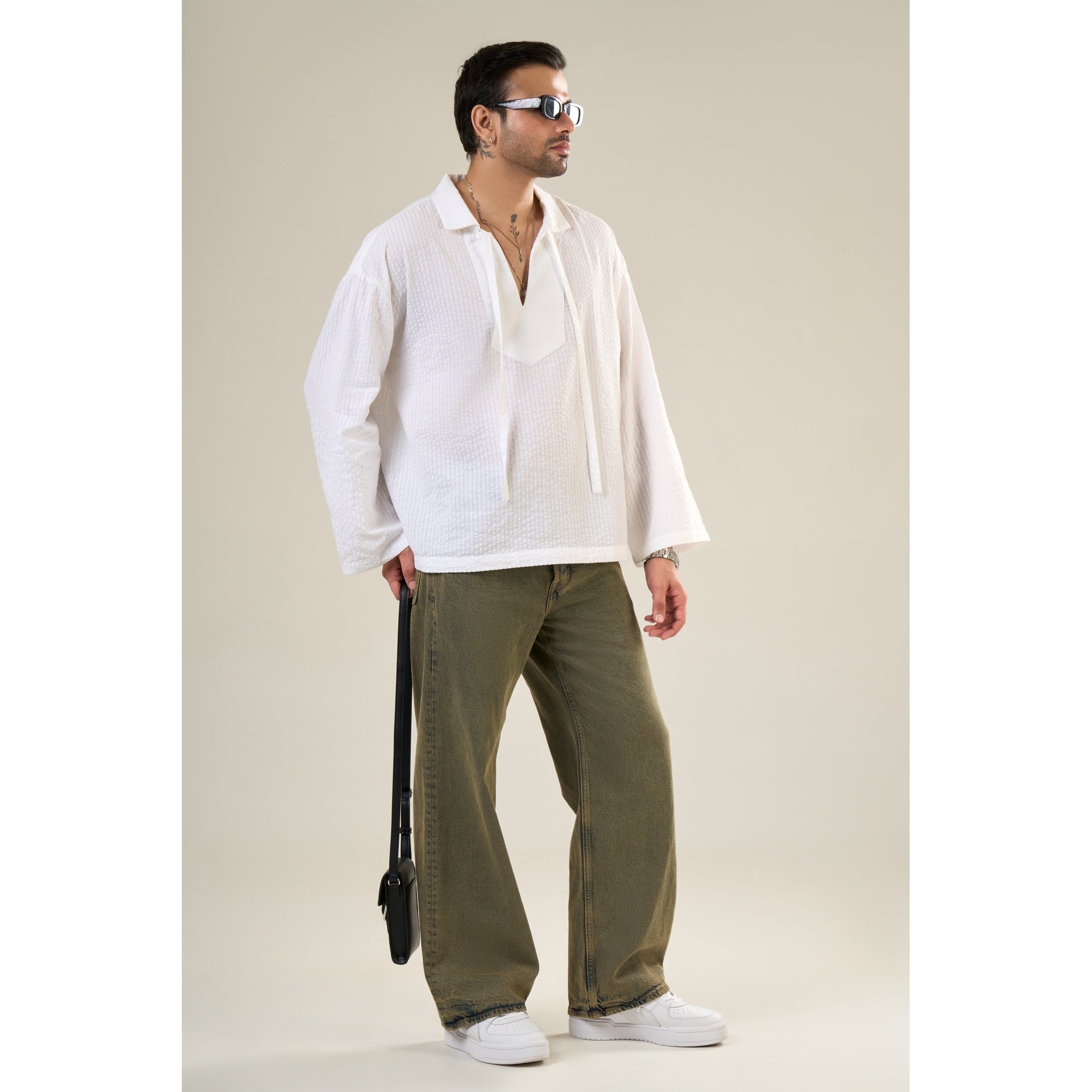 White Cotton Full Sleeve Solid Kimono Style Shirt | For Unisex