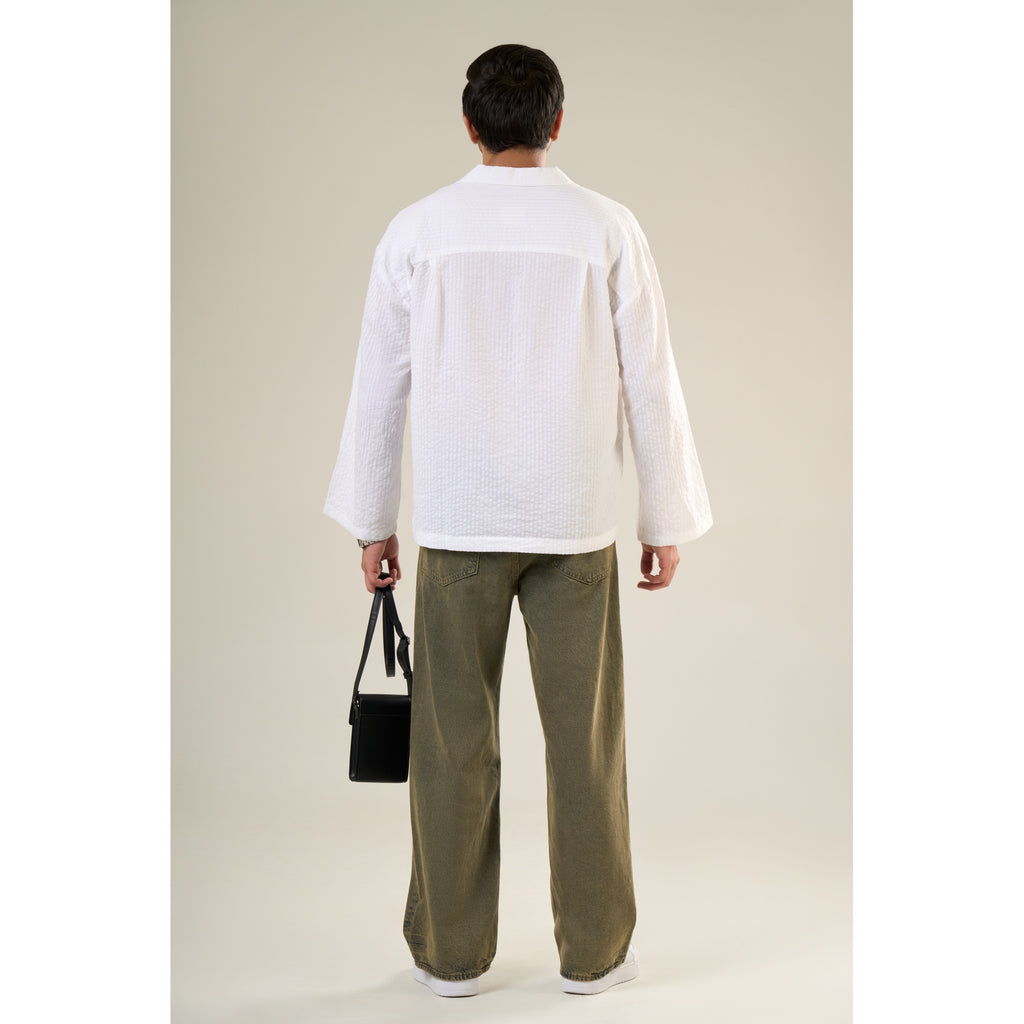 White Cotton Full Sleeve Solid Kimono Style Shirt | For Unisex