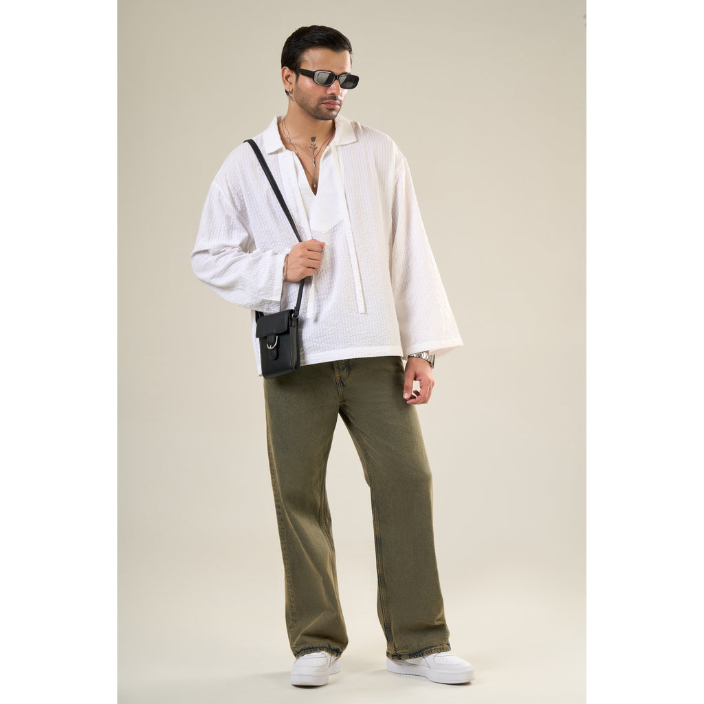 White Cotton Full Sleeve Solid Kimono Style Shirt | For Unisex