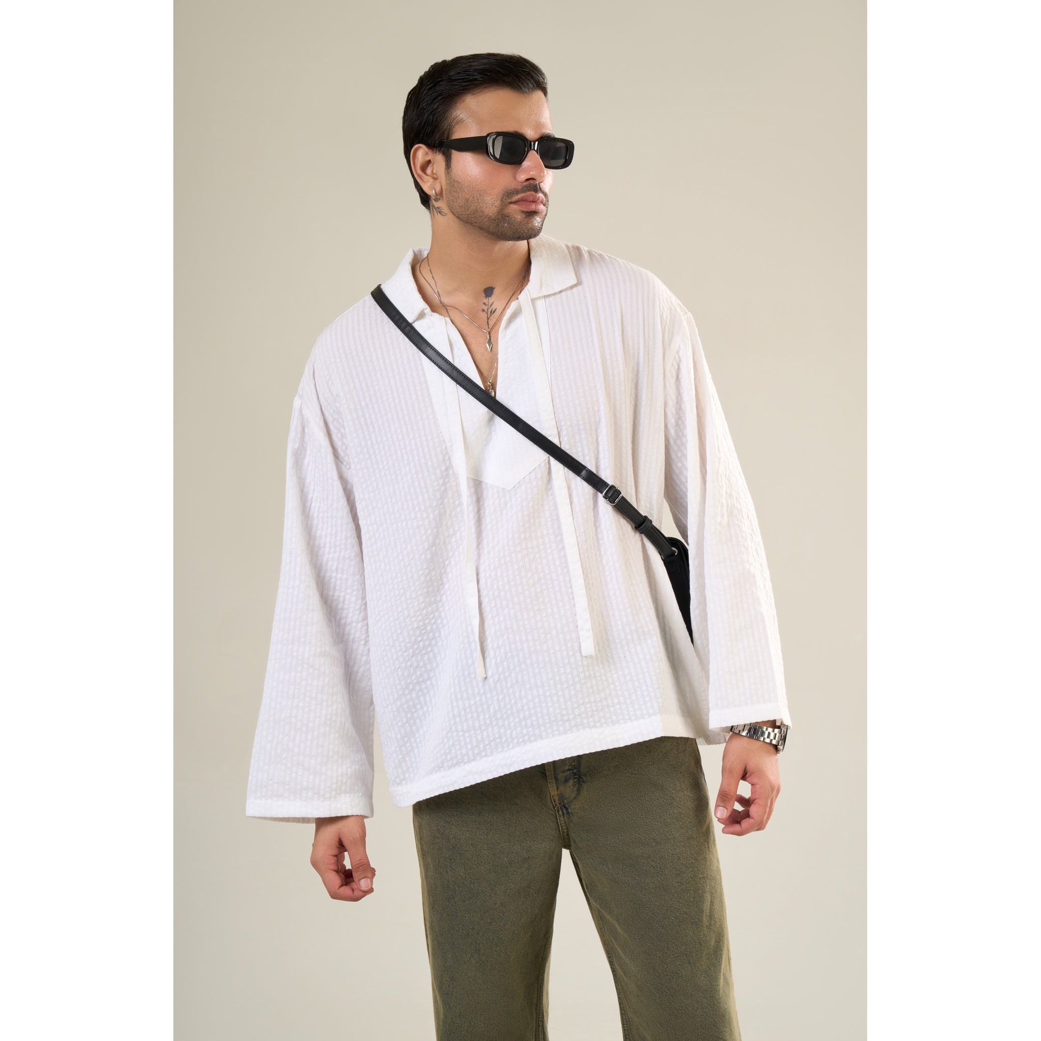 White Cotton Full Sleeve Solid Kimono Style Shirt | For Unisex