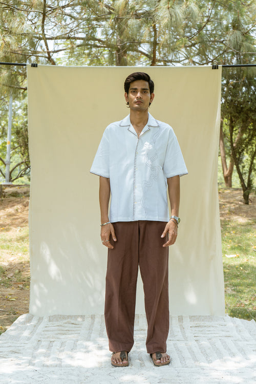 White Cotton Half Sleeve Collared Embroidered Shirt | For Men