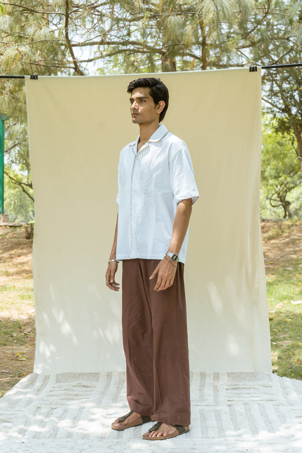 White Cotton Half Sleeve Collared Embroidered Shirt | For Men
