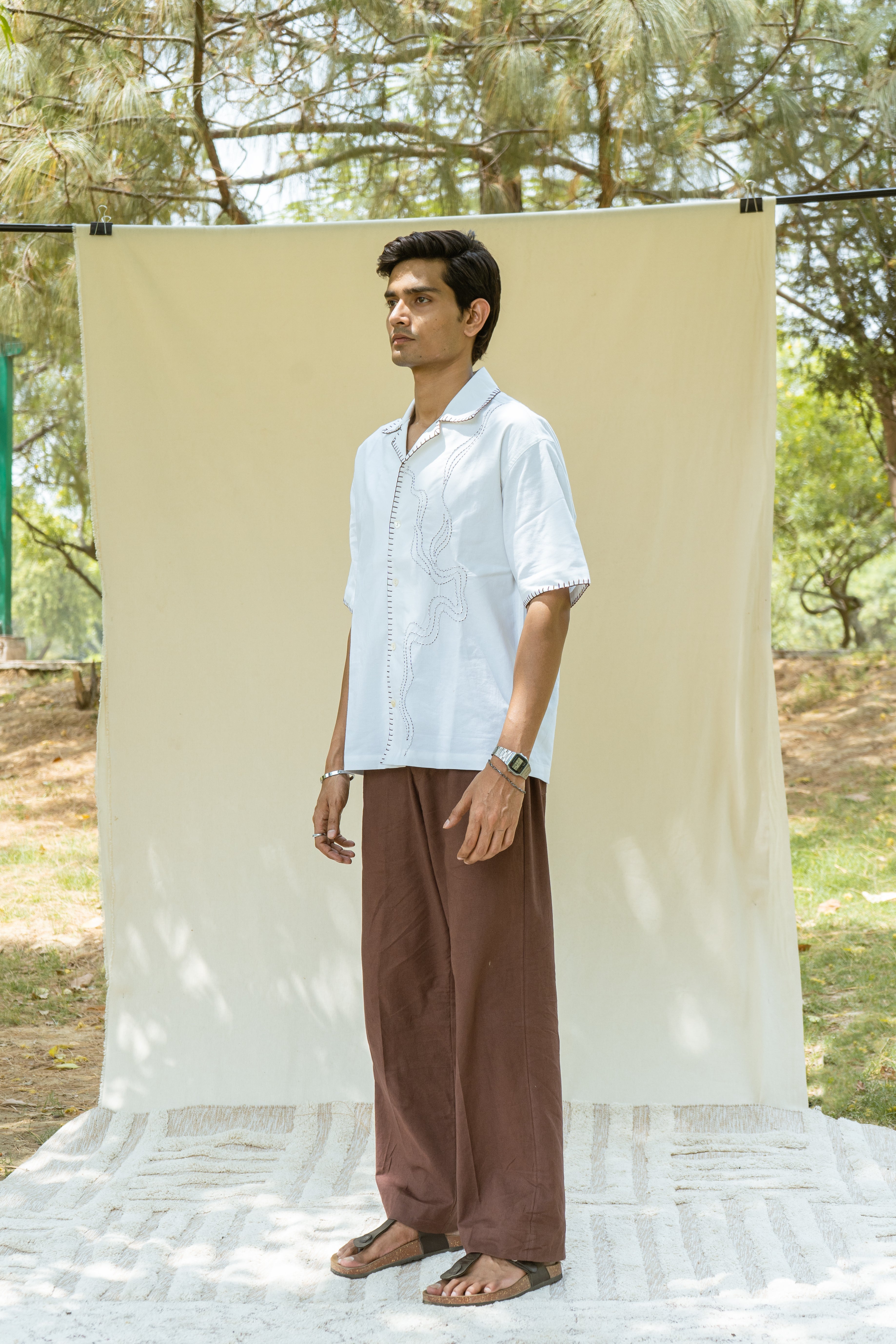 White Cotton Half Sleeve Collared Embroidered Shirt | For Men