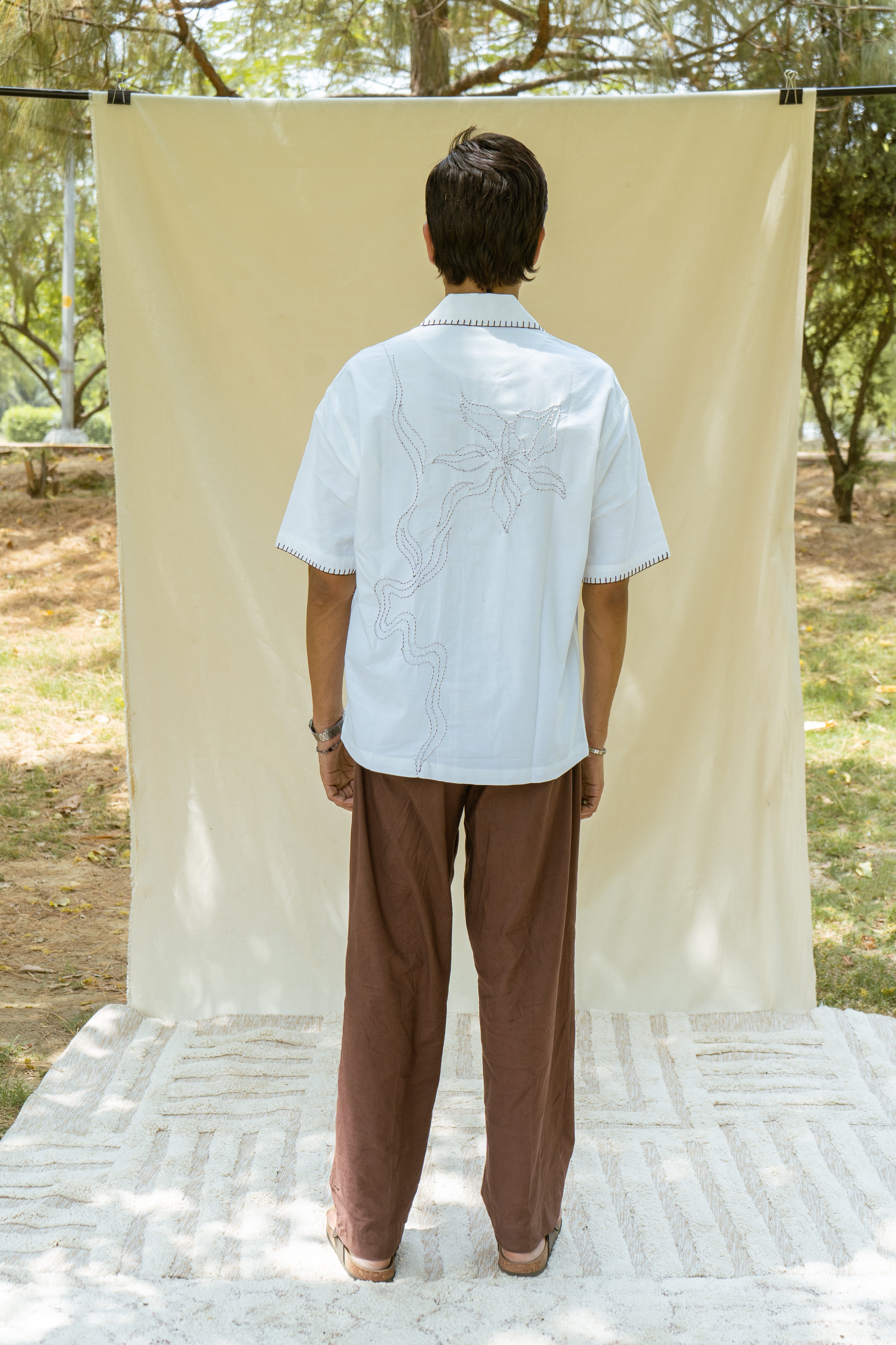 White Cotton Half Sleeve Collared Embroidered Shirt | For Men