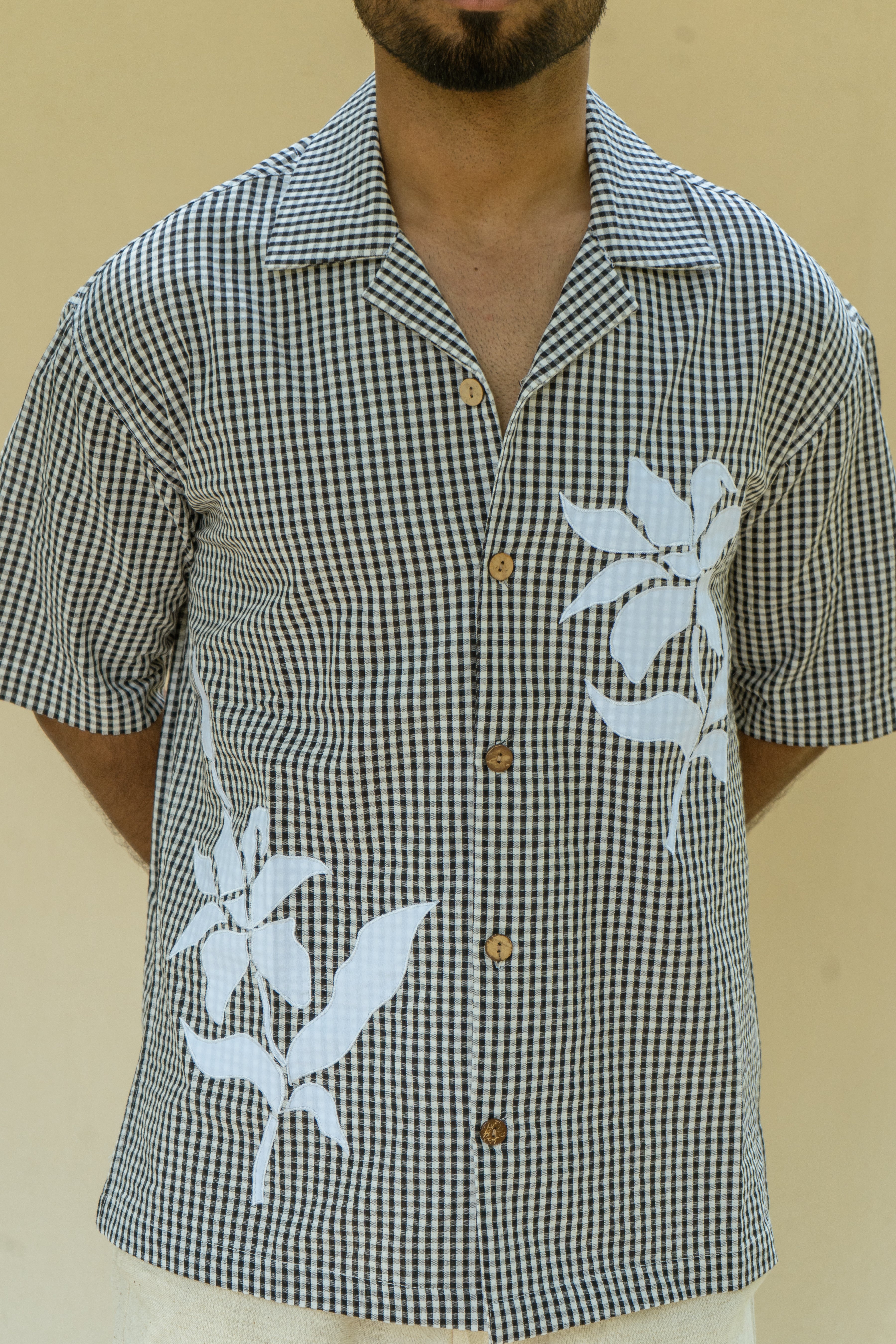 Black & White Cotton Half Sleeve Patch work Shirt | For Unisex