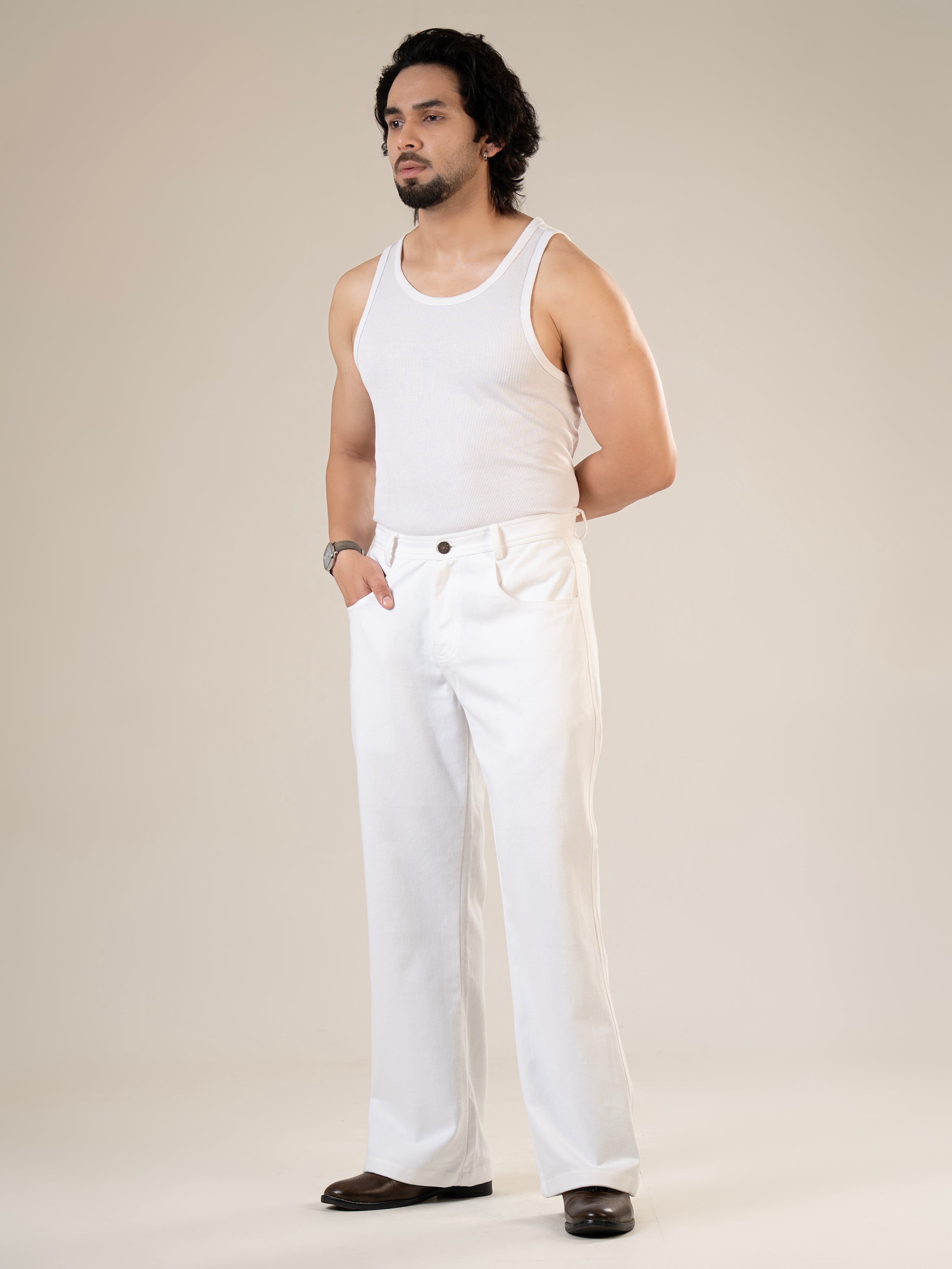 White Cotton Jeans Straight Fit Pants | For Men
