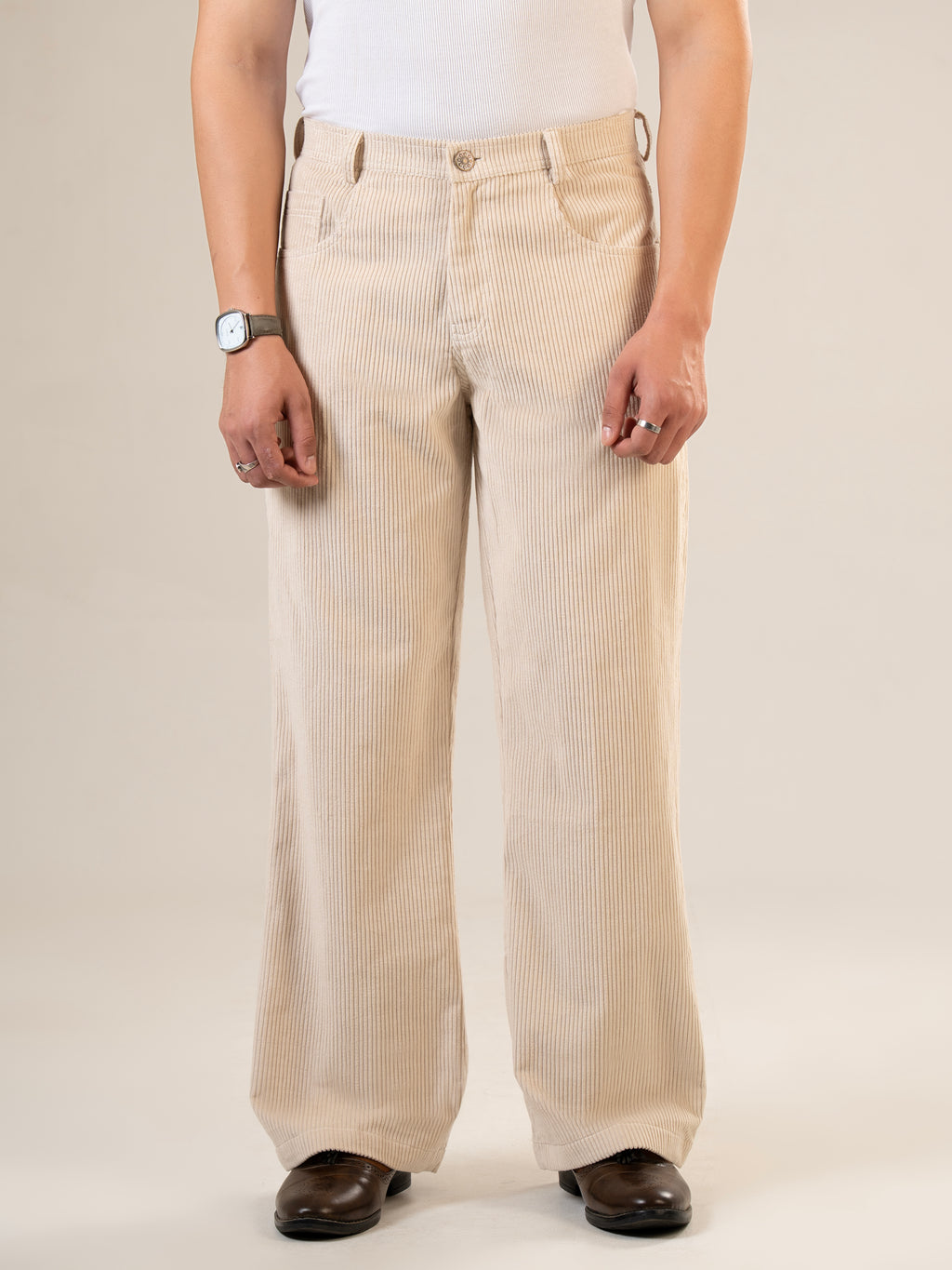 Beige Cotton Straight Fit Pants | For Men